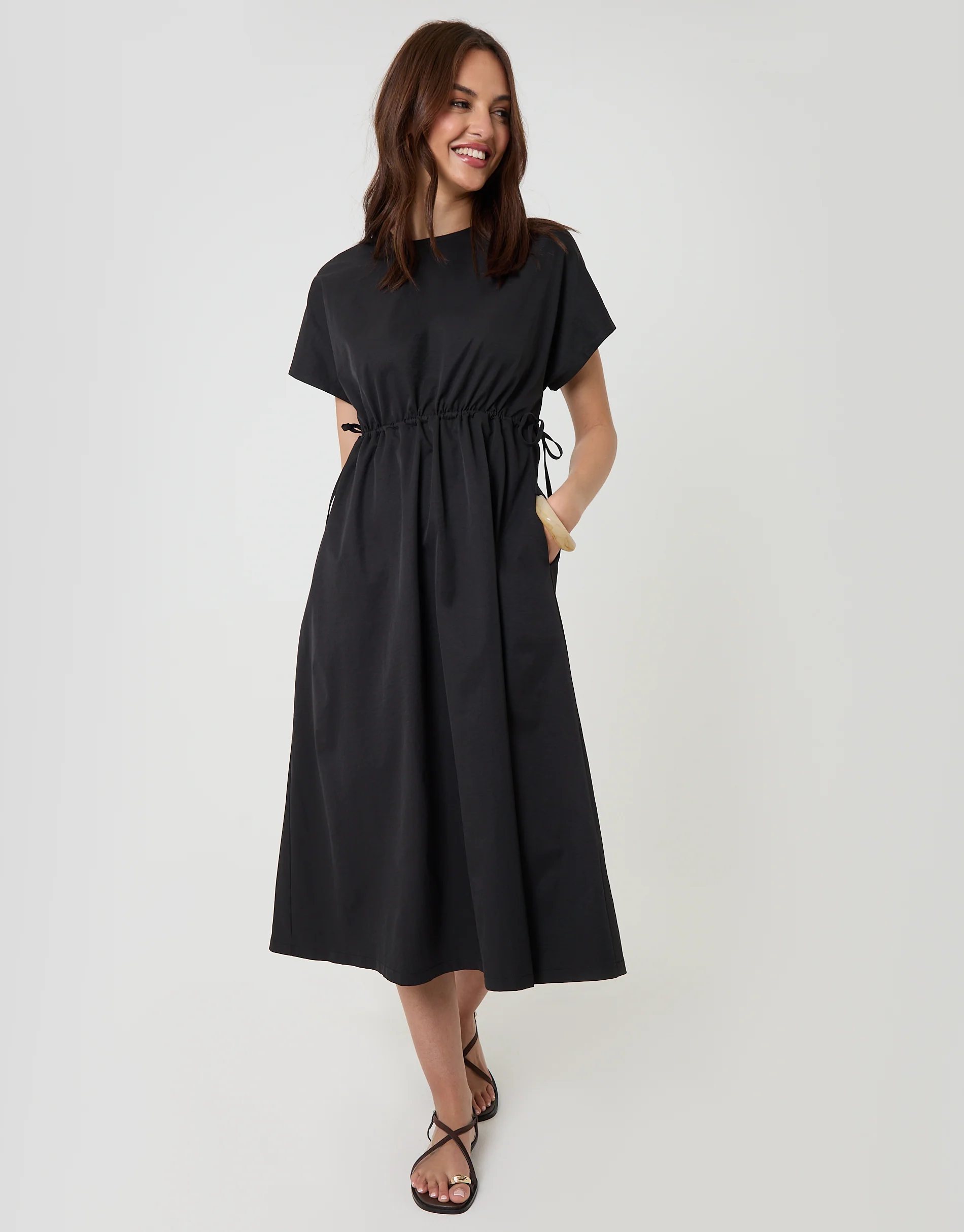 Kimono Sleeve Drawstring Waist Midi Dress in Black