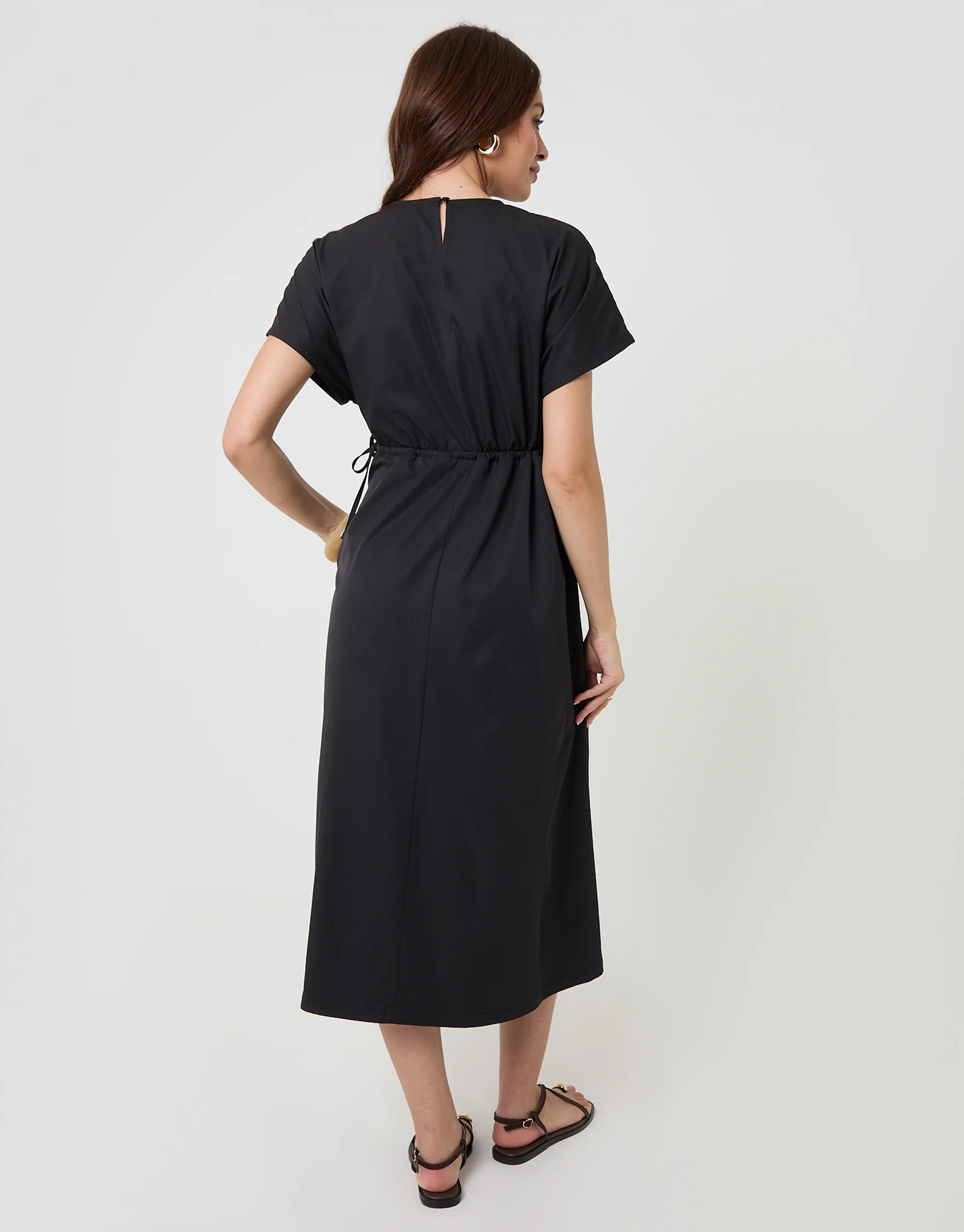 Kimono Sleeve Drawstring Waist Midi Dress in Black - Image 2