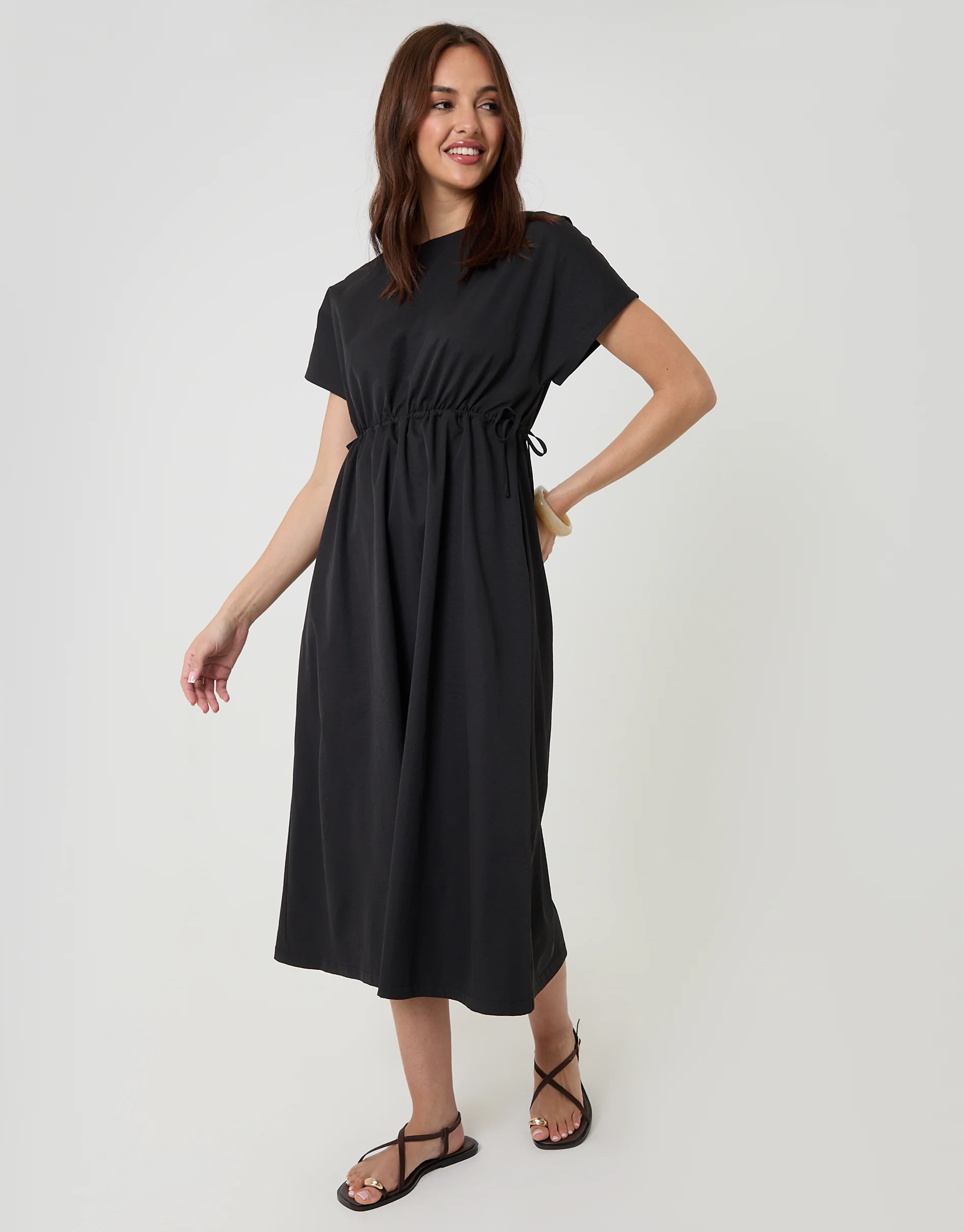 Kimono Sleeve Drawstring Waist Midi Dress in Black - Image 3