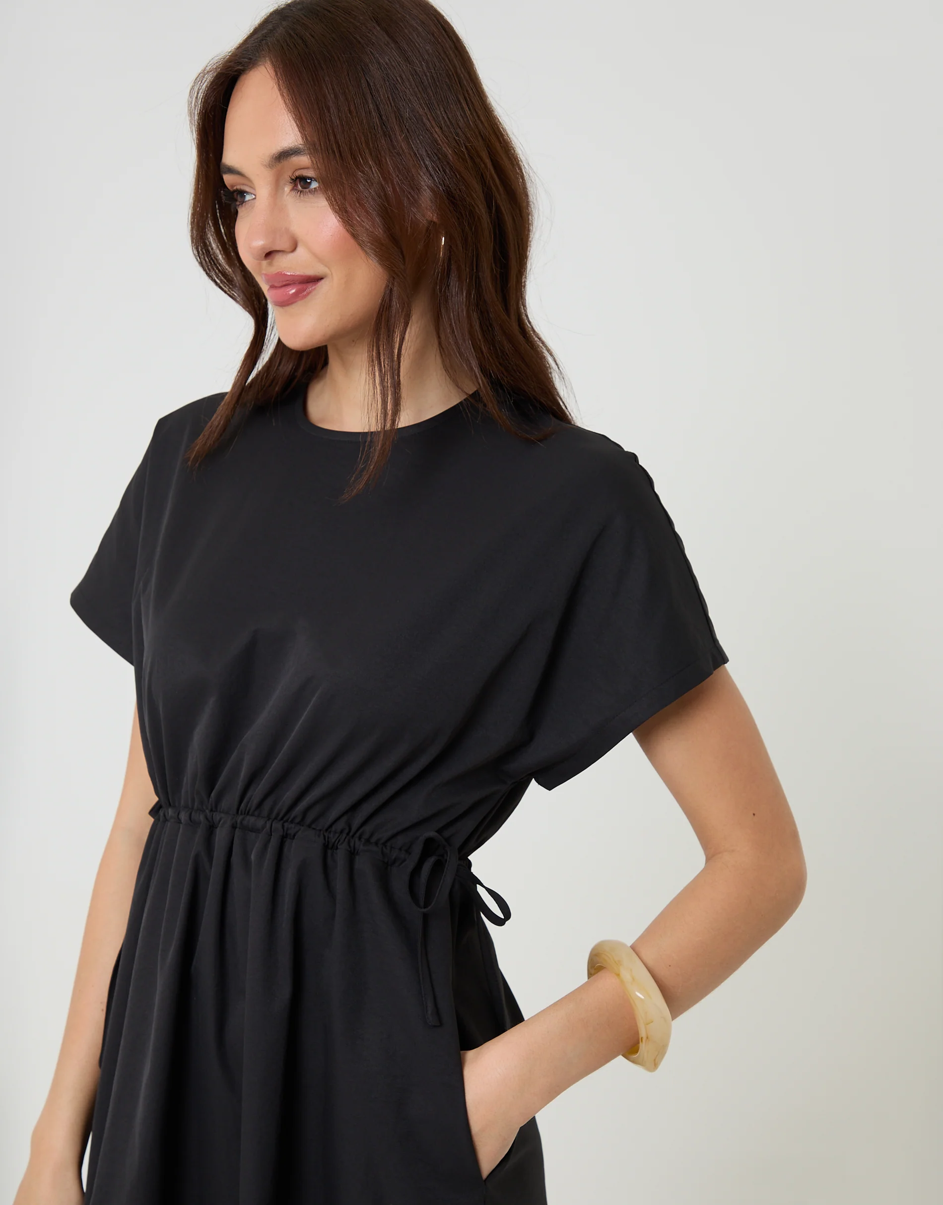 Kimono Sleeve Drawstring Waist Midi Dress in Black - Image 4