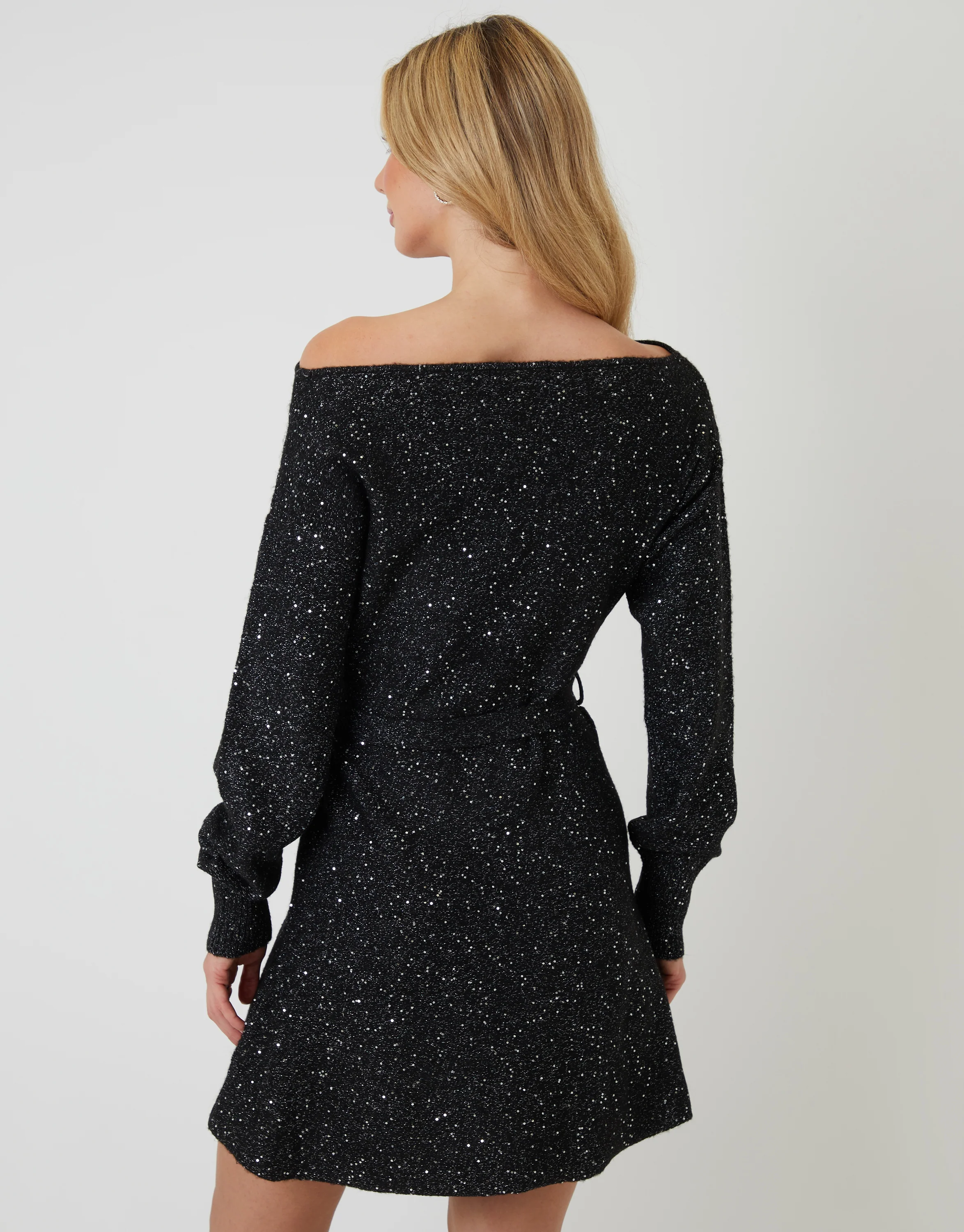 Knitted Sequin Slash Neck Mini Dress in Black - Image 3