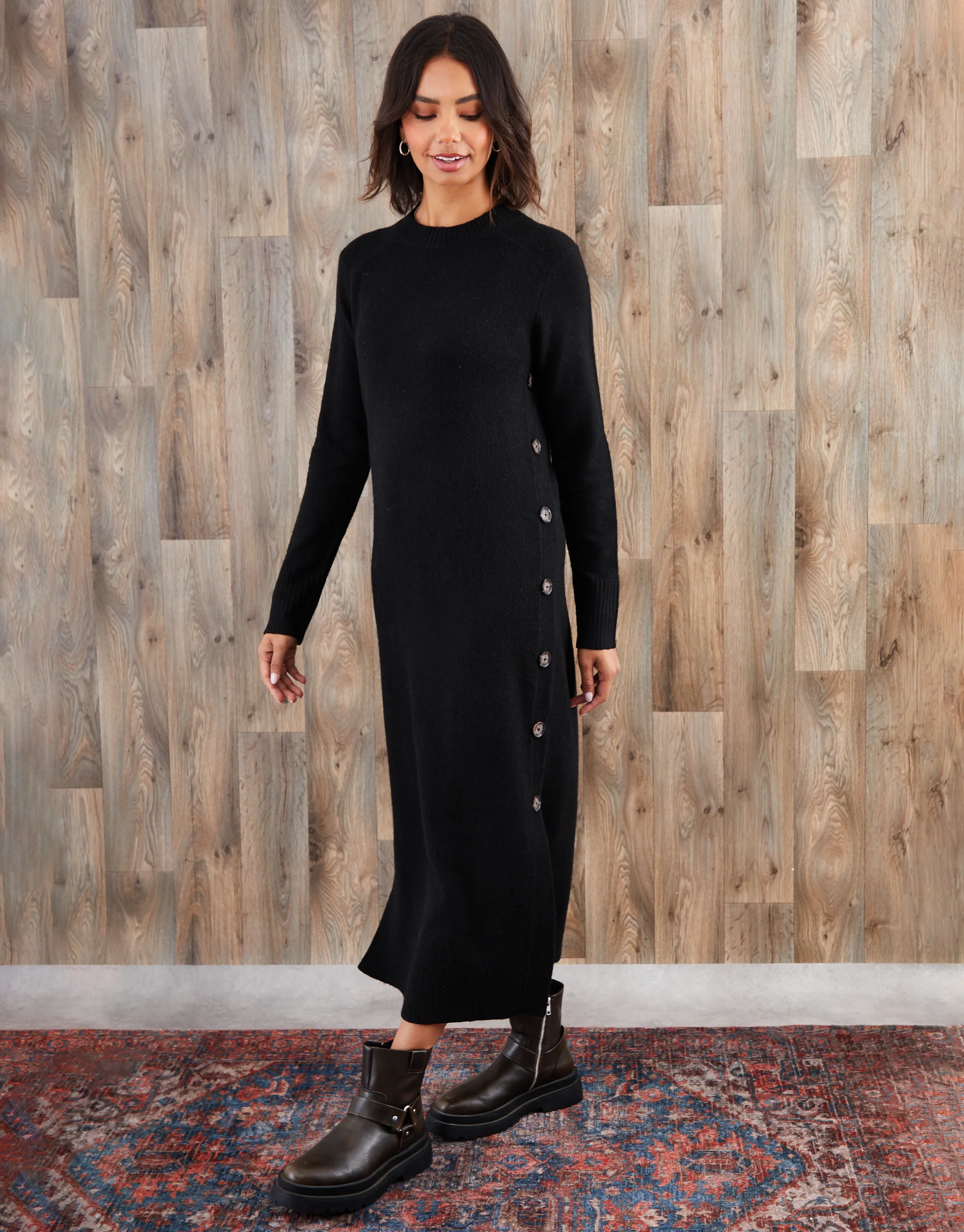 Knitted Side Button Detail Maxi Dress in Black