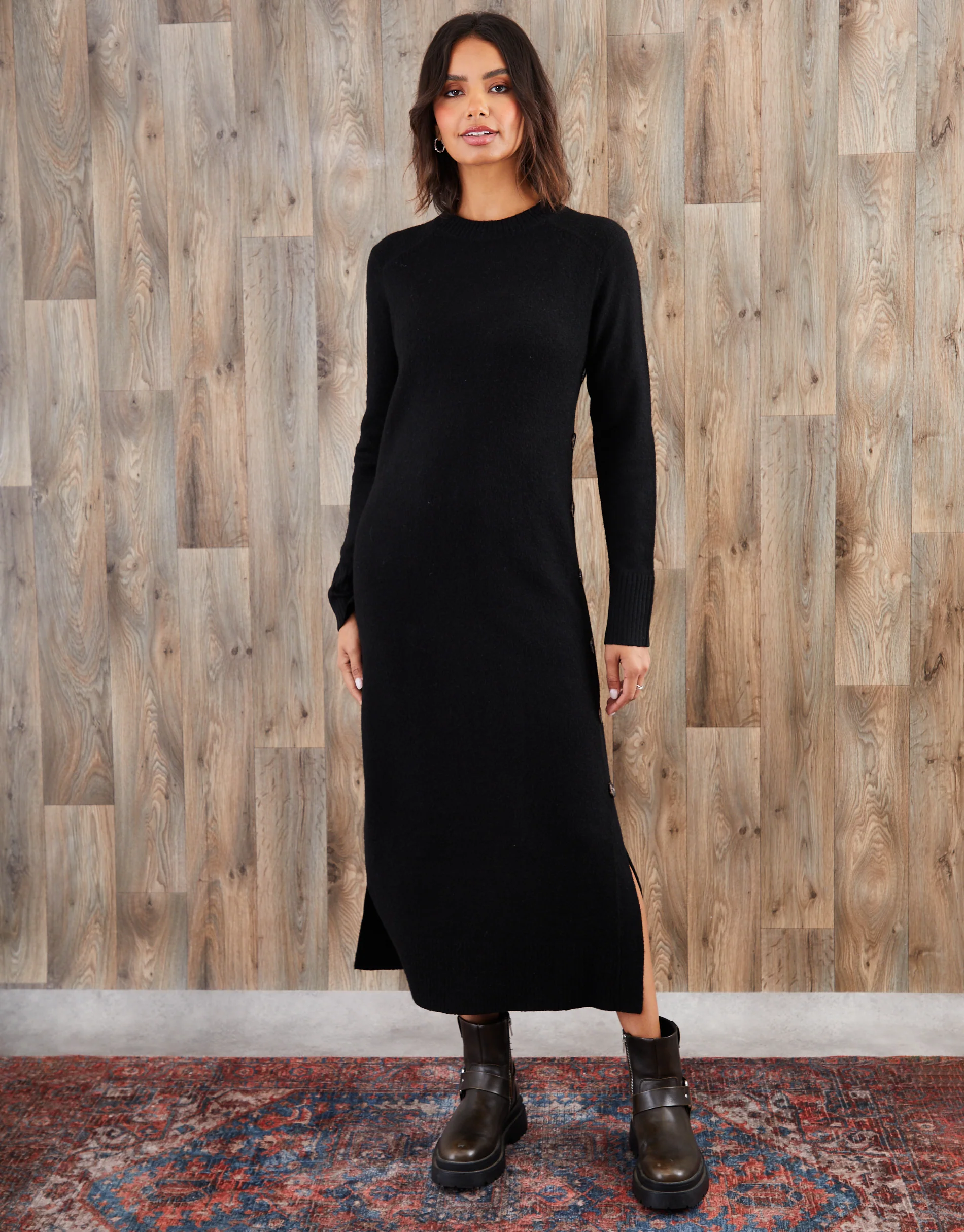 Knitted Side Button Detail Maxi Dress in Black - Image 3