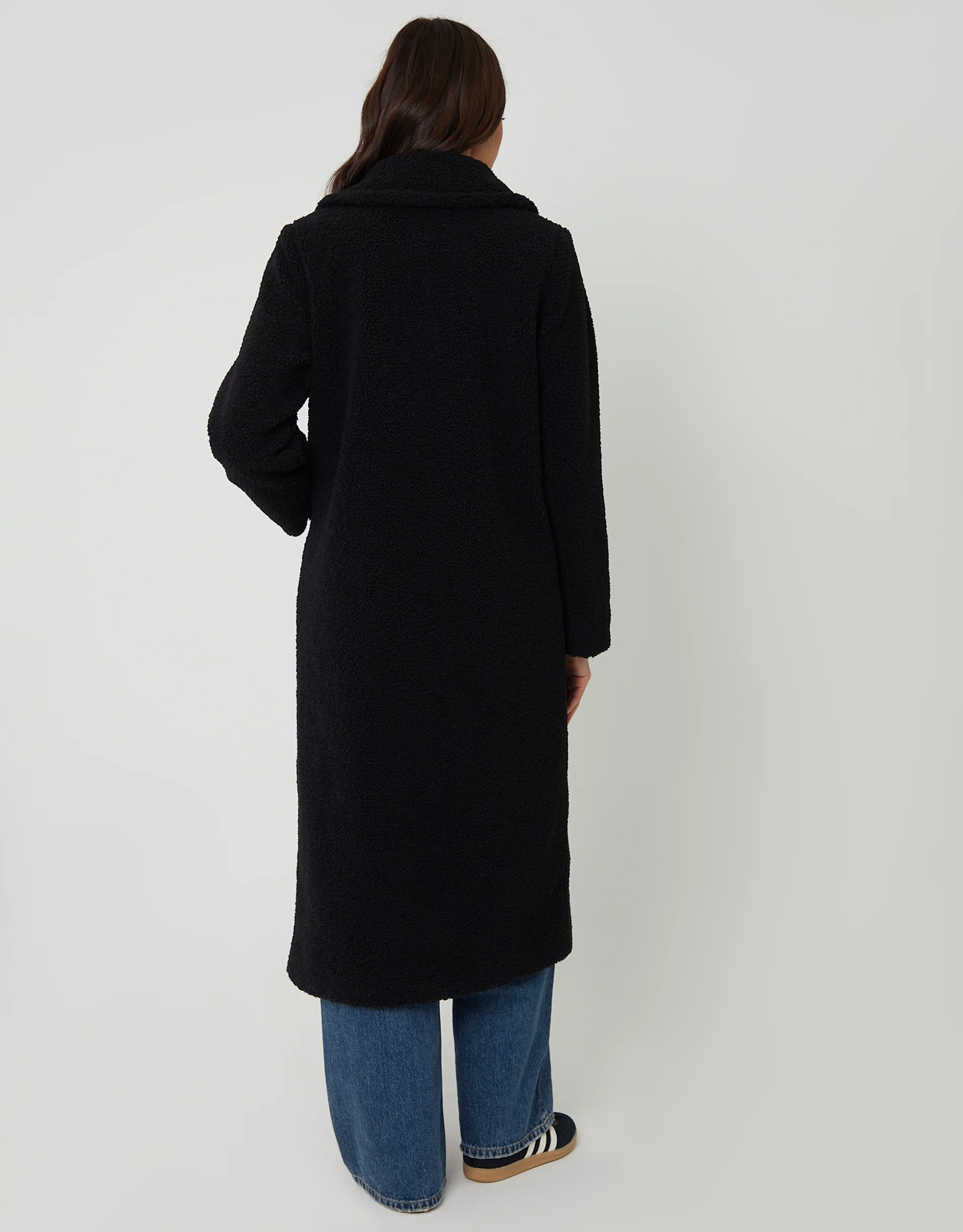 Longline Double Breasted Borg Coat in Black - Image 2