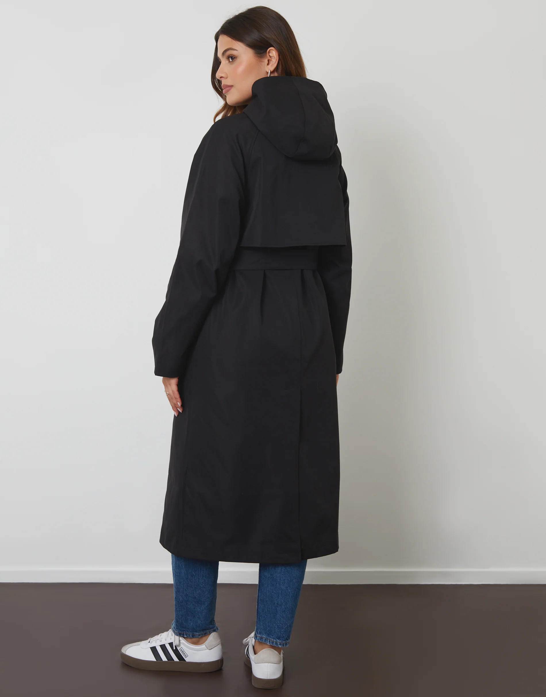 Longline Hooded Trench Coat in Black - Image 2