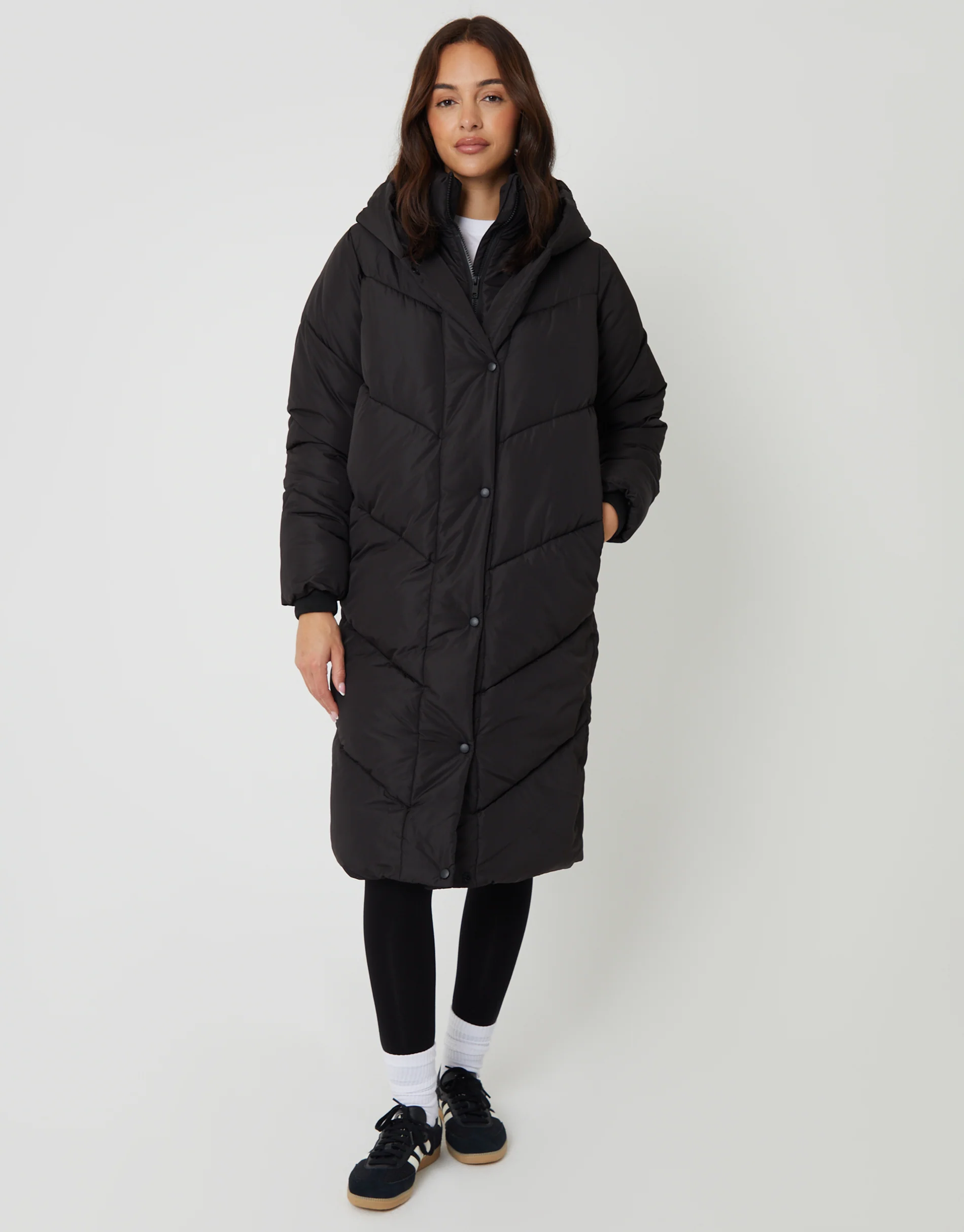Longline Wrap Hood Puffer Jacket in Black - Image 3