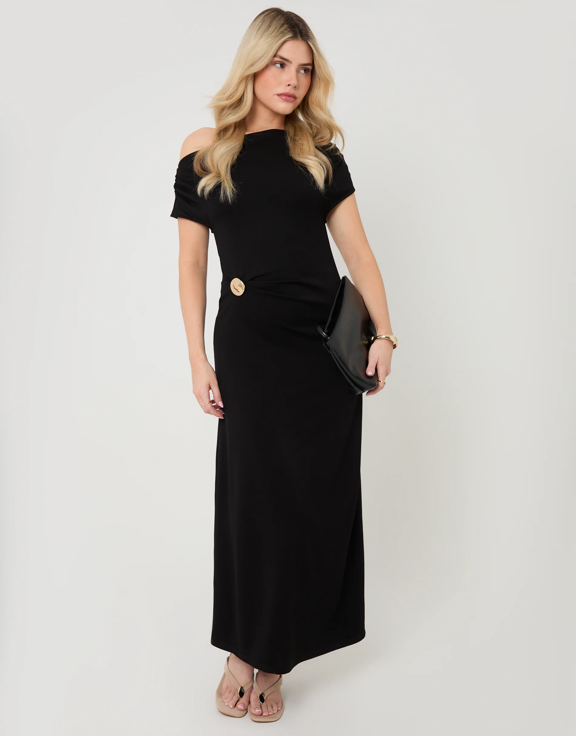 Petite Off Shoulder Draped Jersey Maxi Dress in Black - Image 4