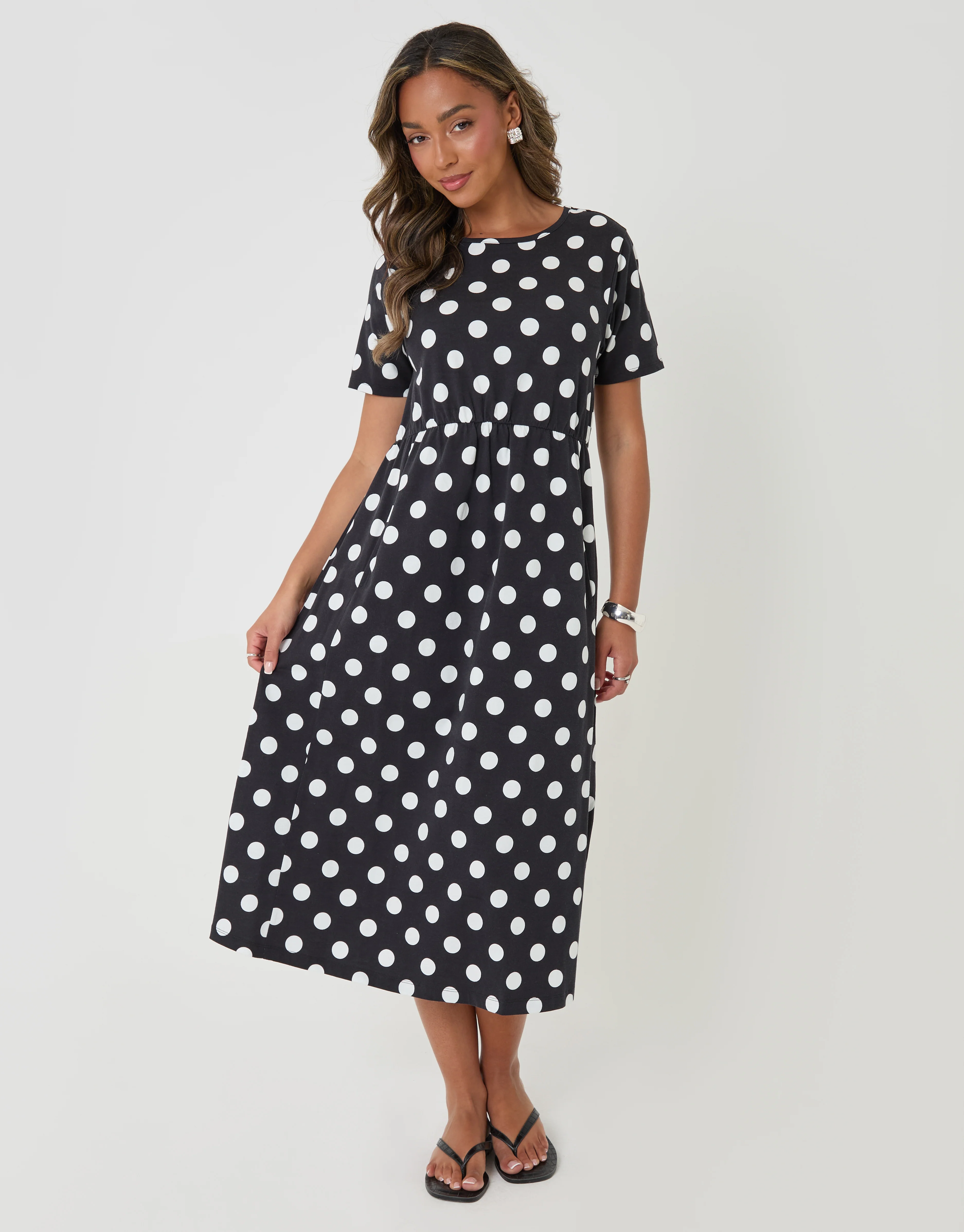 Jersey Midi Smock Dress with Pockets in Black Polka Dot - Image 3