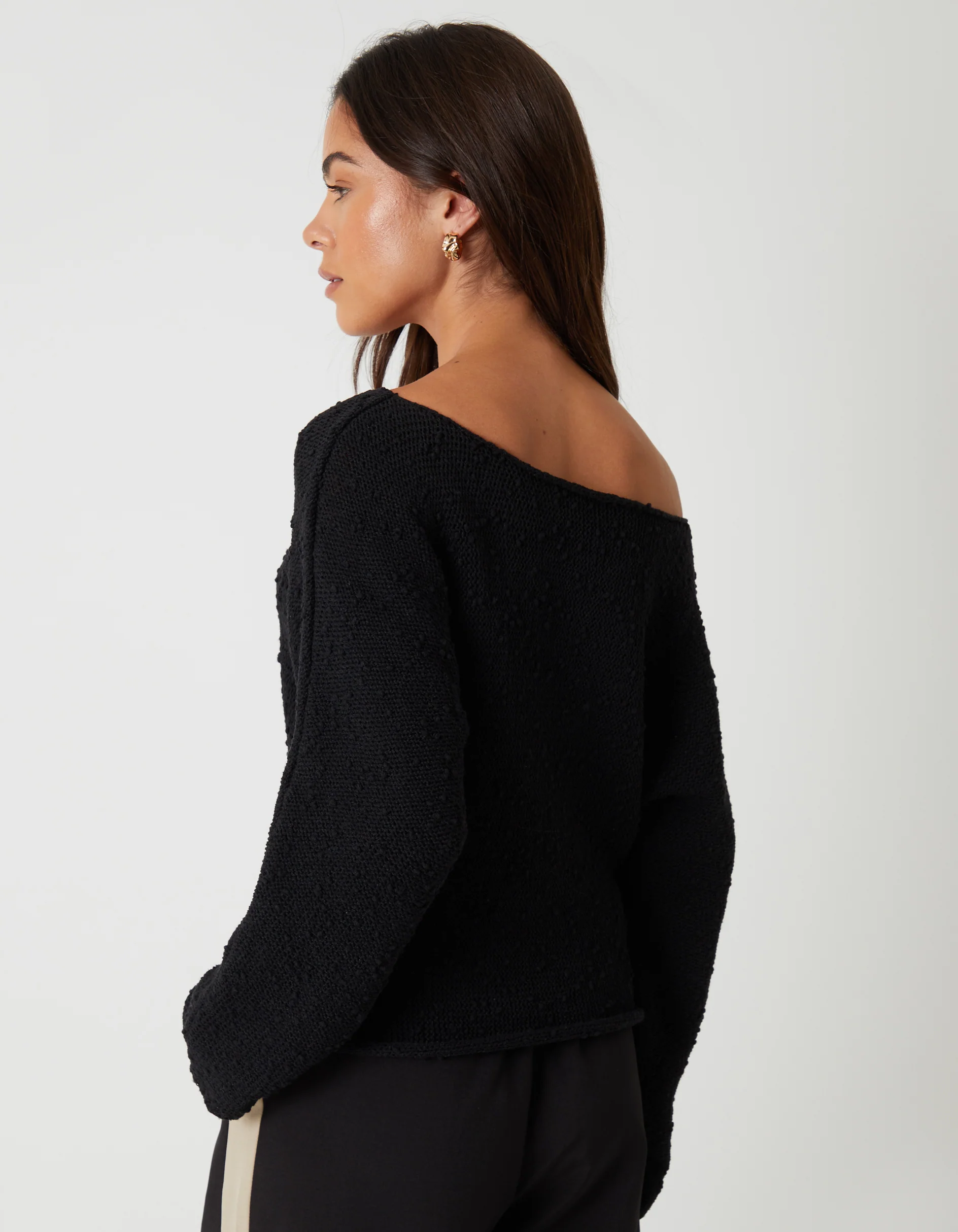 Popcorn Knit Slash Neck Jumper in Black - Image 2