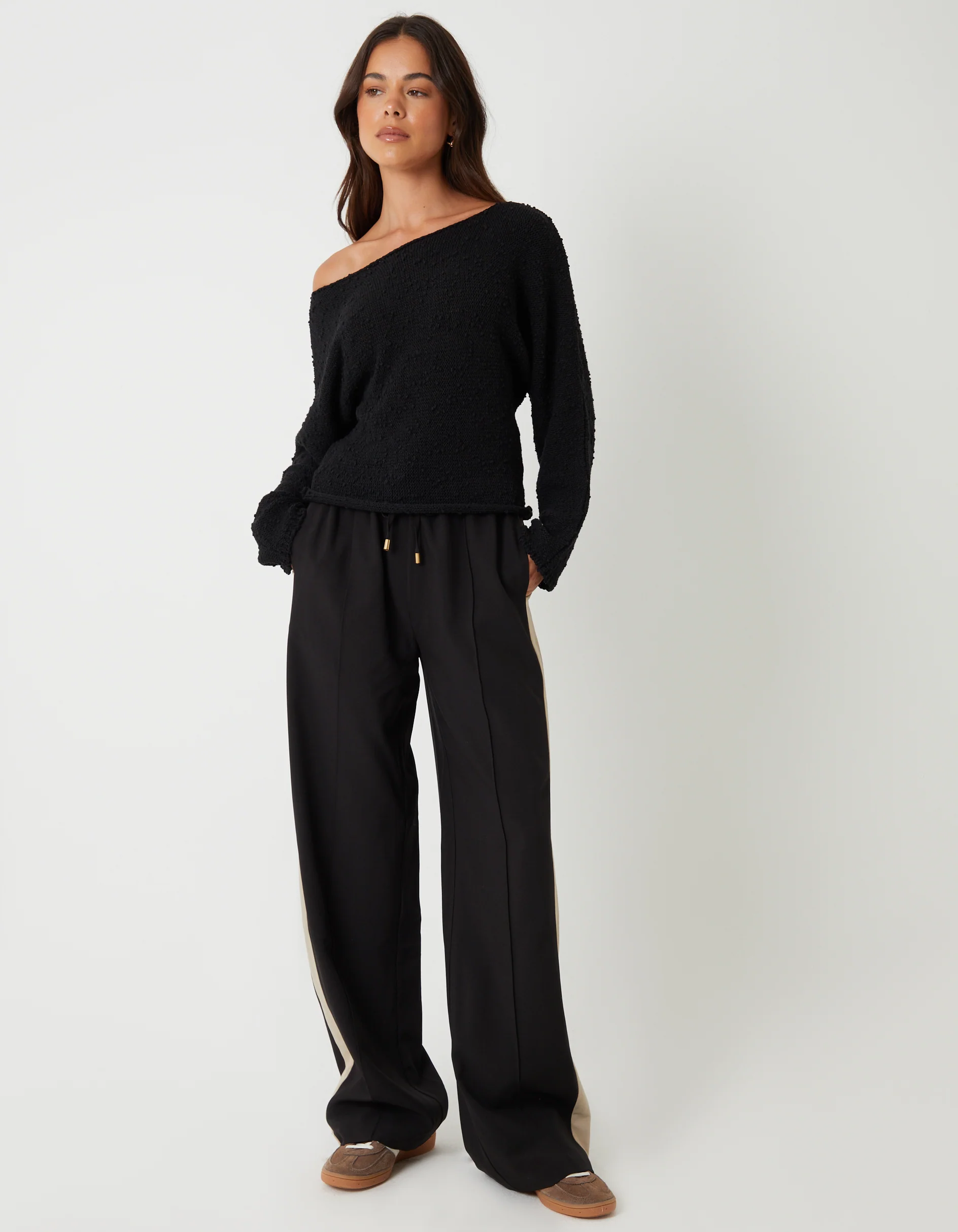 Popcorn Knit Slash Neck Jumper in Black - Image 3