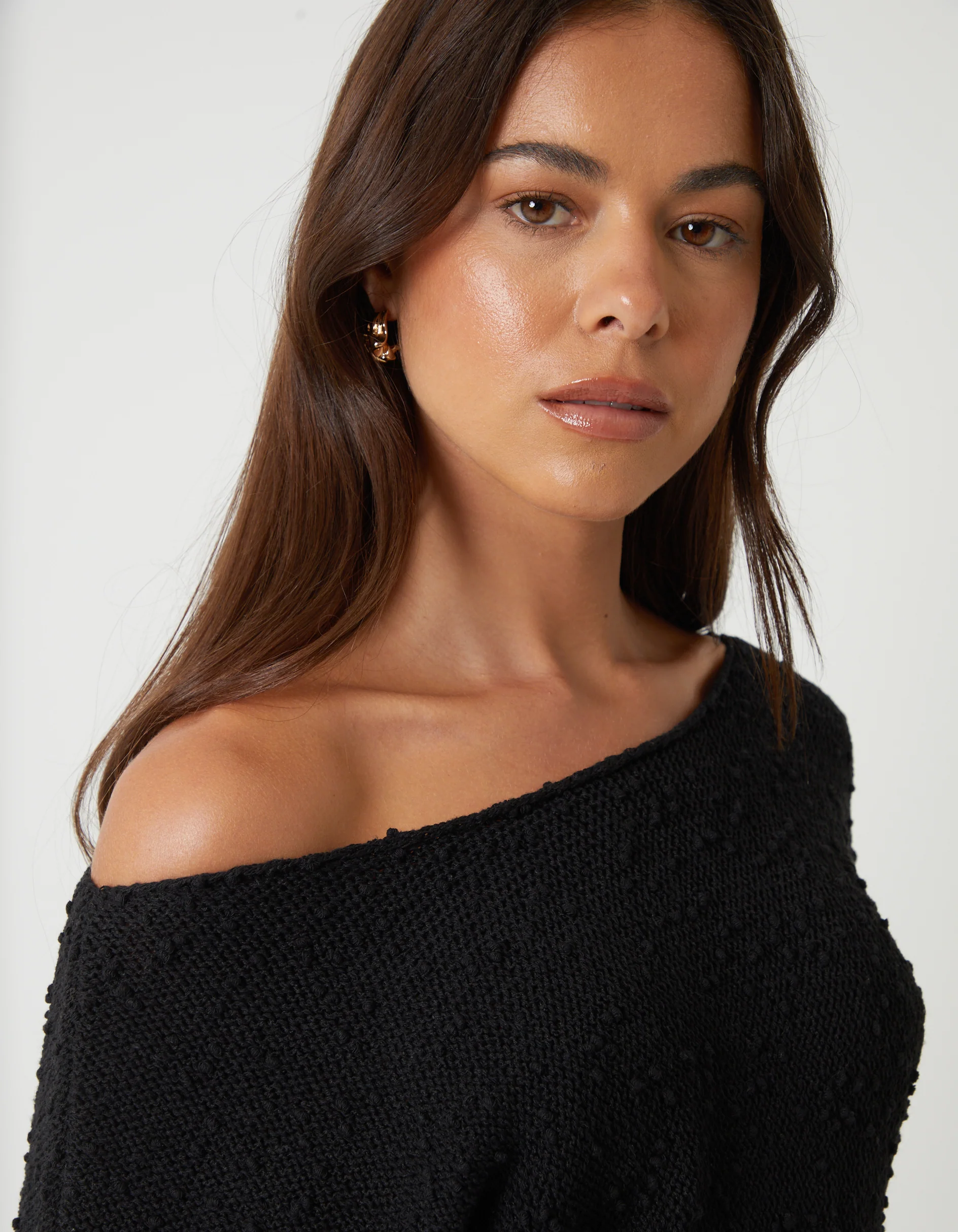 Popcorn Knit Slash Neck Jumper in Black - Image 4