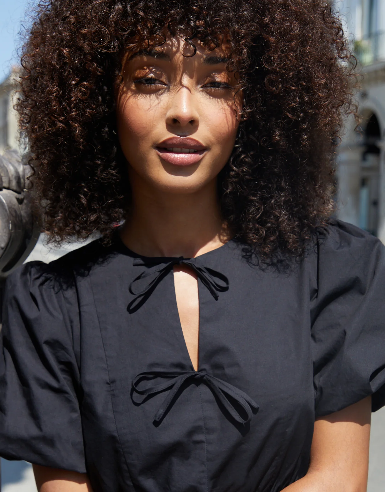 Puff Sleeve Tie Front Smock Mini Dress in Black - Image 5