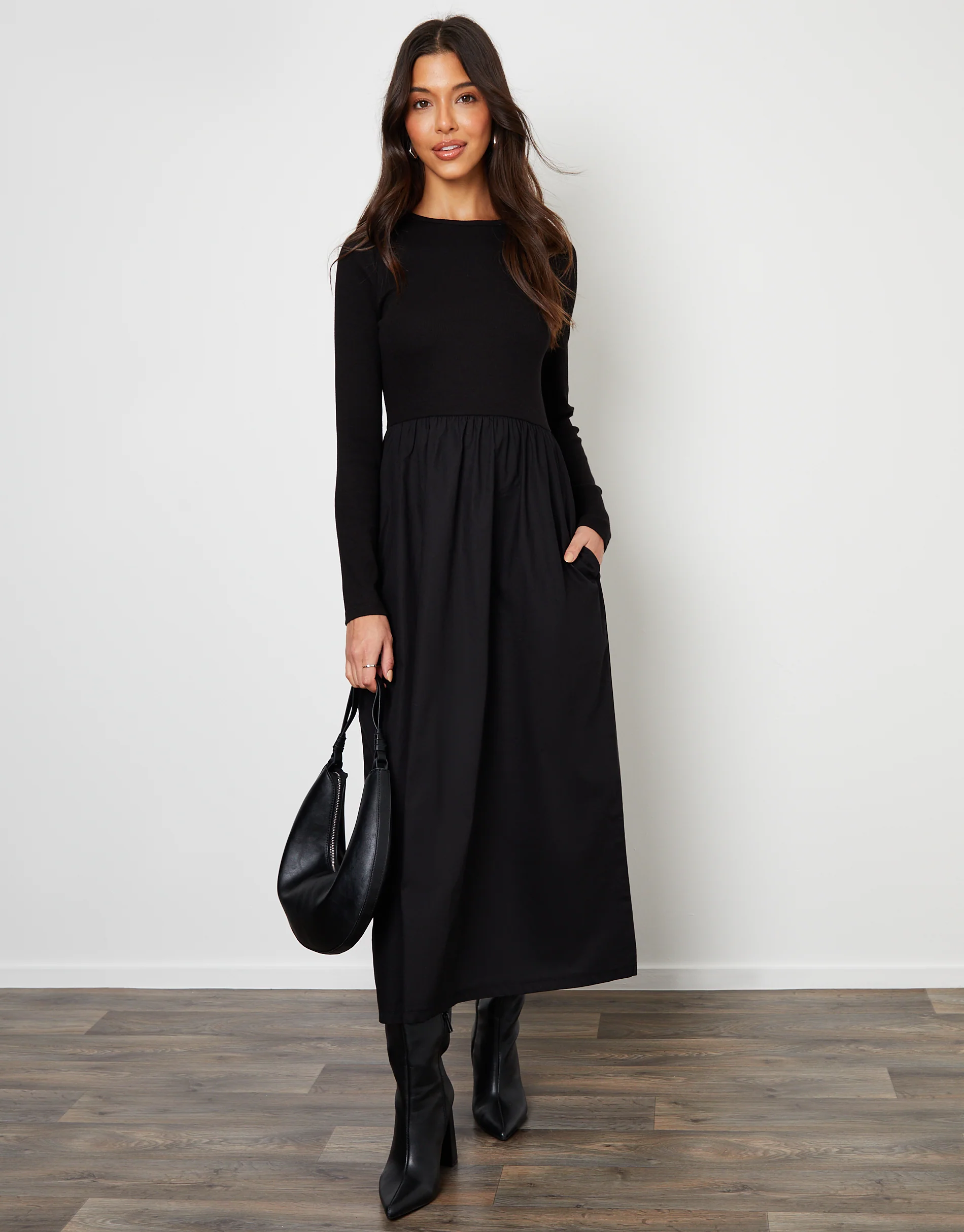 Rib Jersey 2-in-1 Midi Dress with Poplin Skirt in Black - Image 4