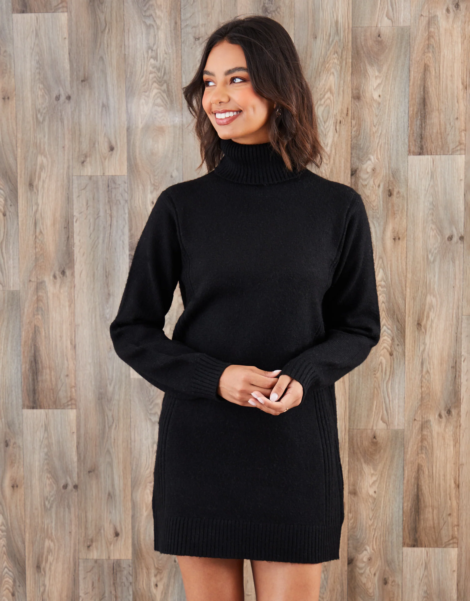 Roll Neck Knitted Mini Dress in Black - Image 3