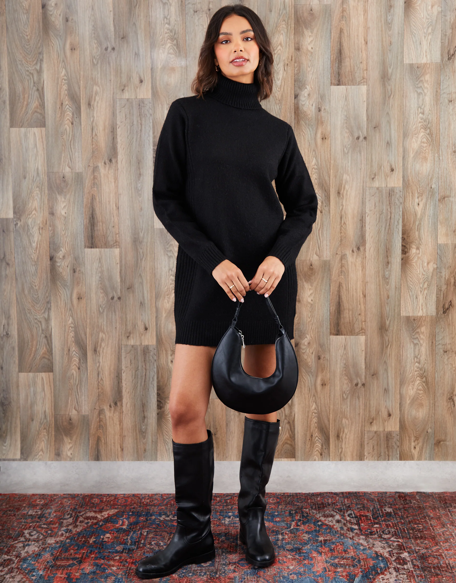 Roll Neck Knitted Mini Dress in Black - Image 5