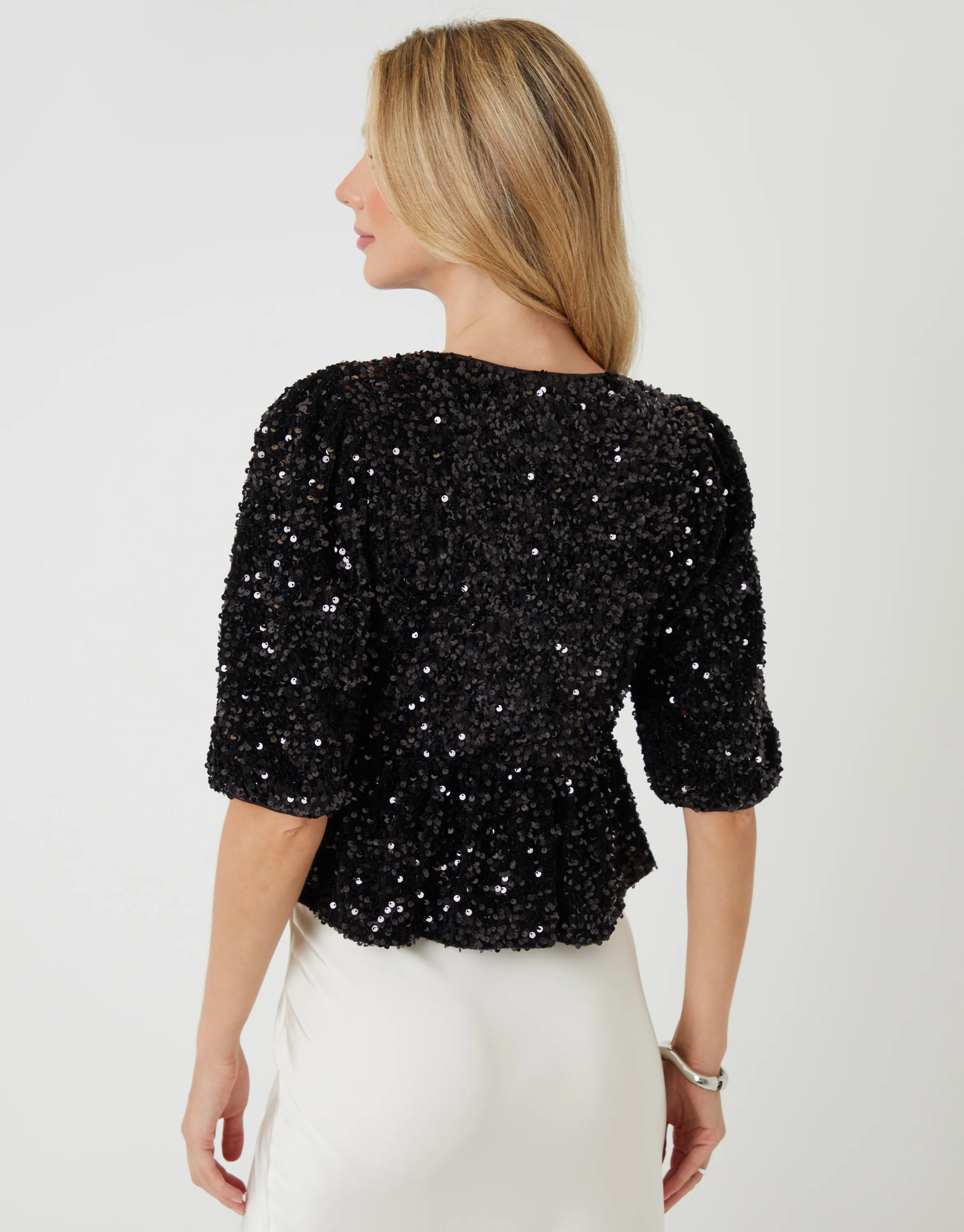 Sequin Velour Bow Detail Blouse in Black - Image 3