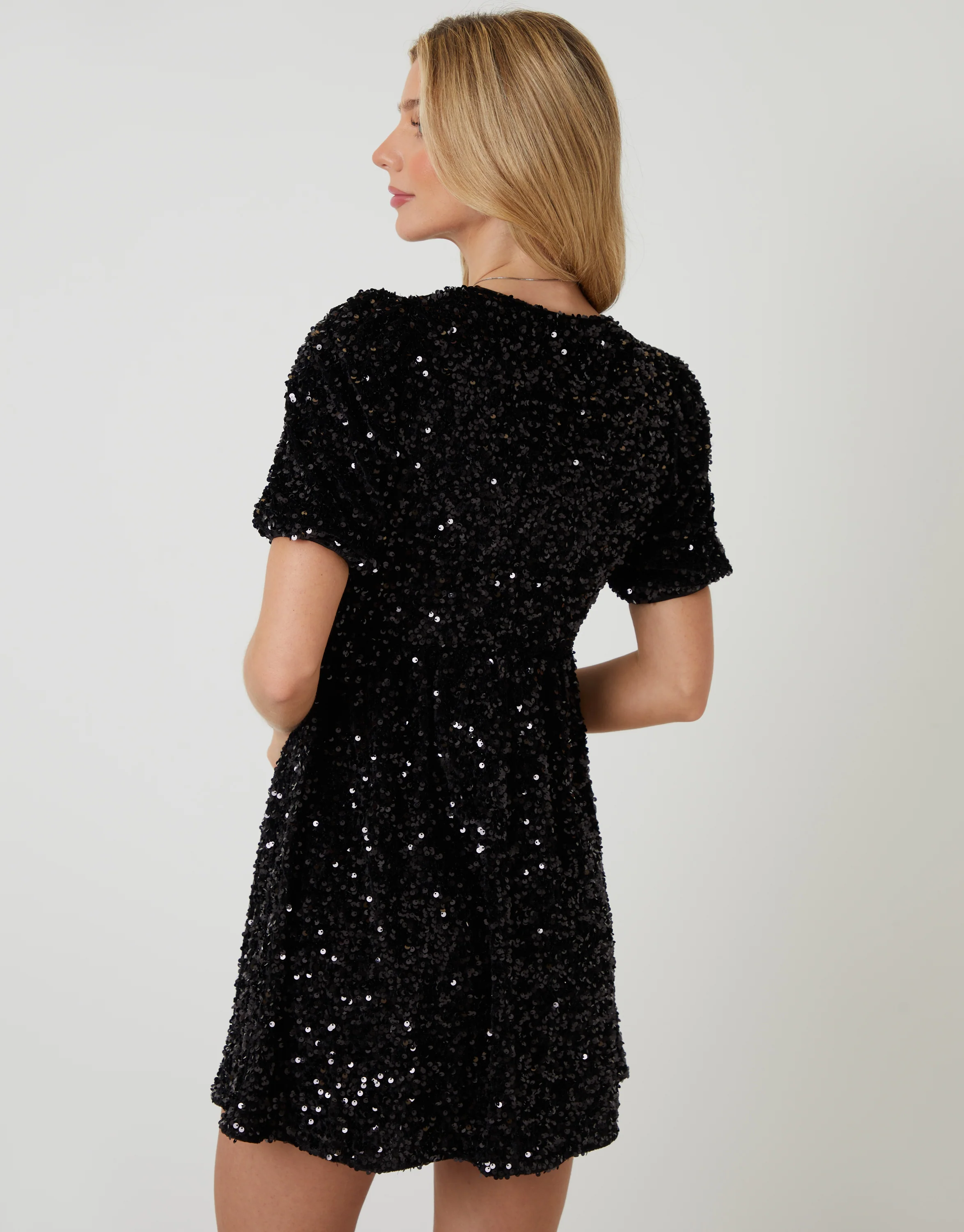 Sequin Velour Bow Detail Mini Dress in Black - Image 3