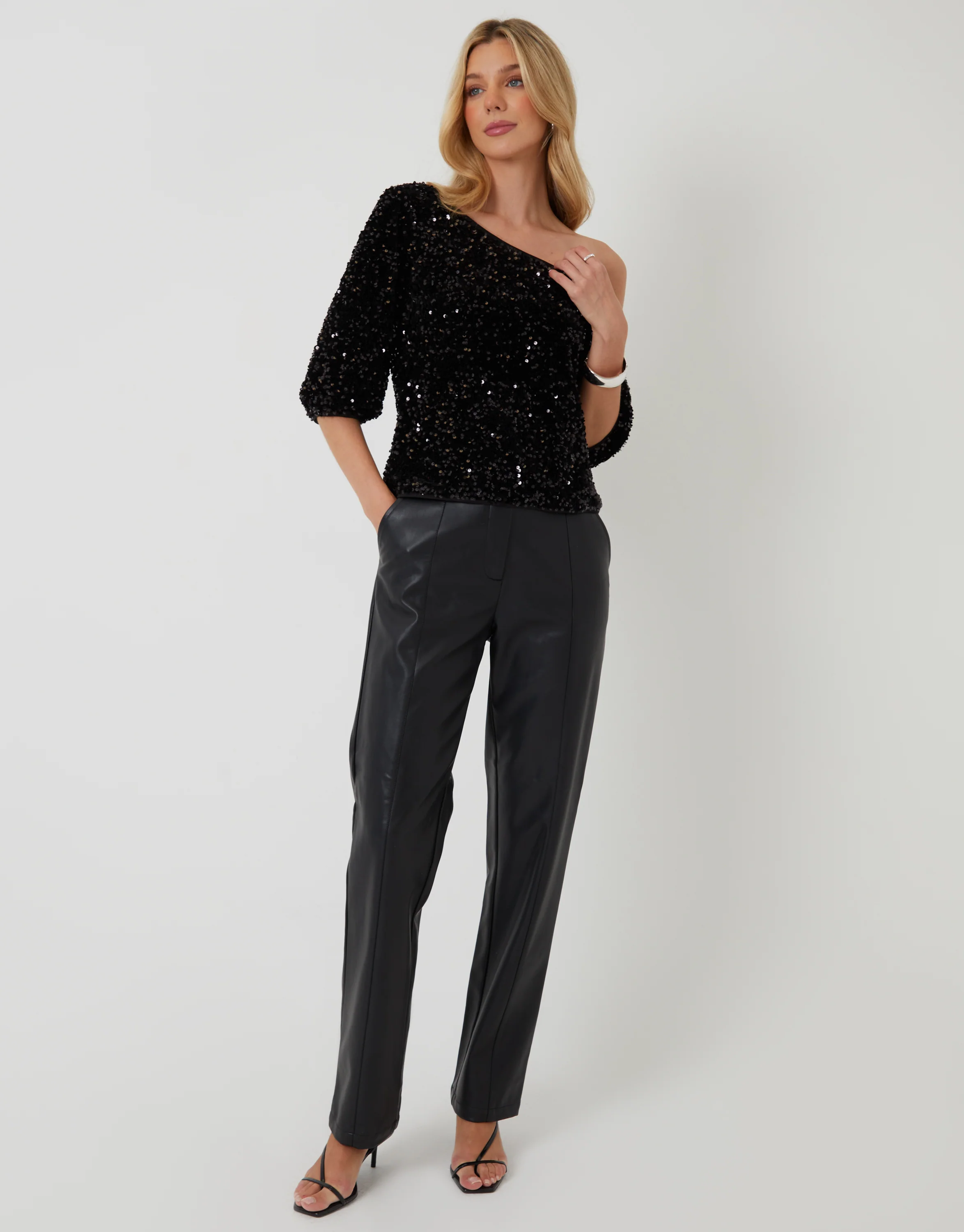 Sequin Velour Slash Neck Top in Black - Image 3