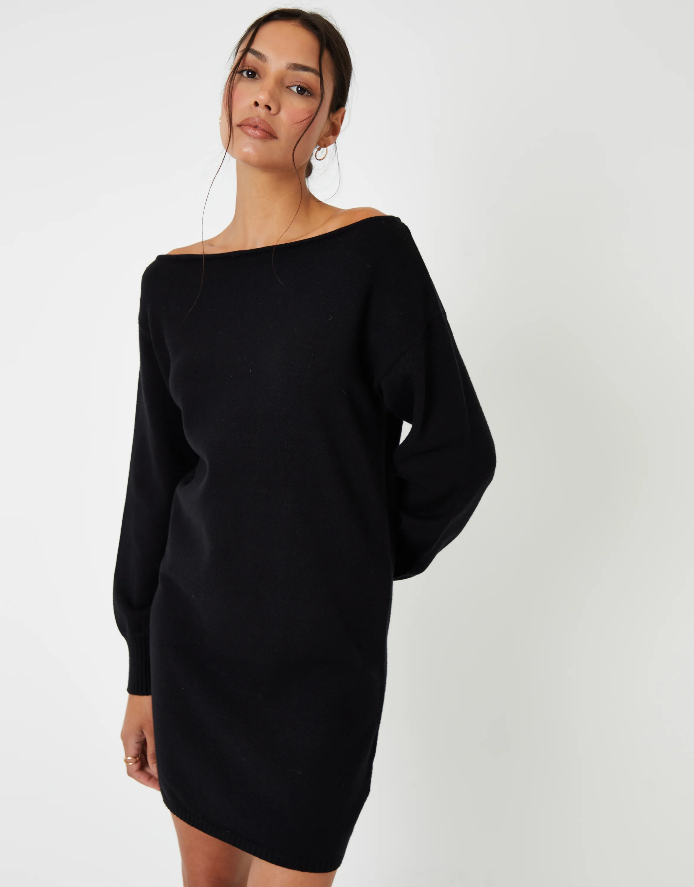 Slash Neck Knitted Mini Dress in Black - Image 2