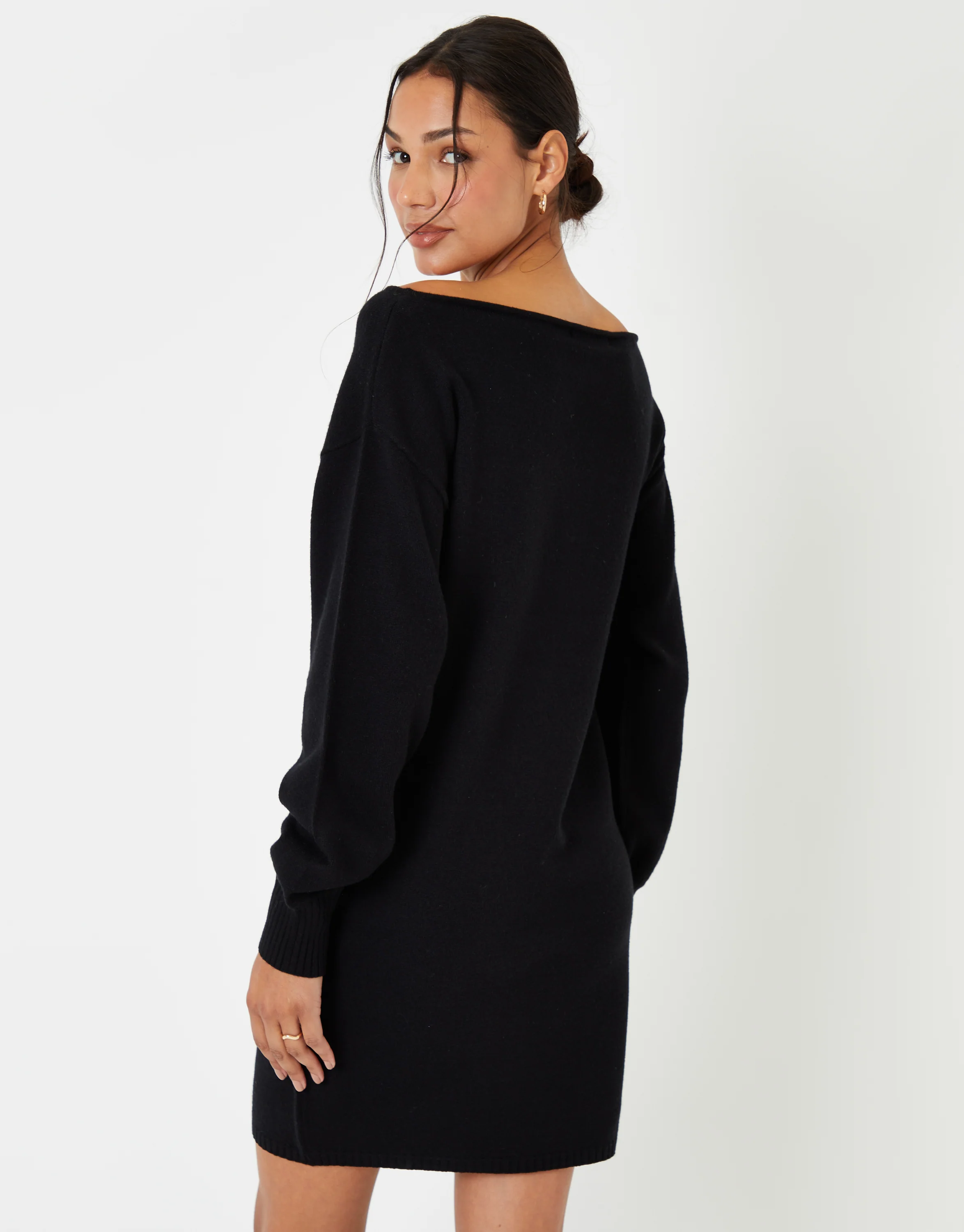 Slash Neck Knitted Mini Dress in Black - Image 5