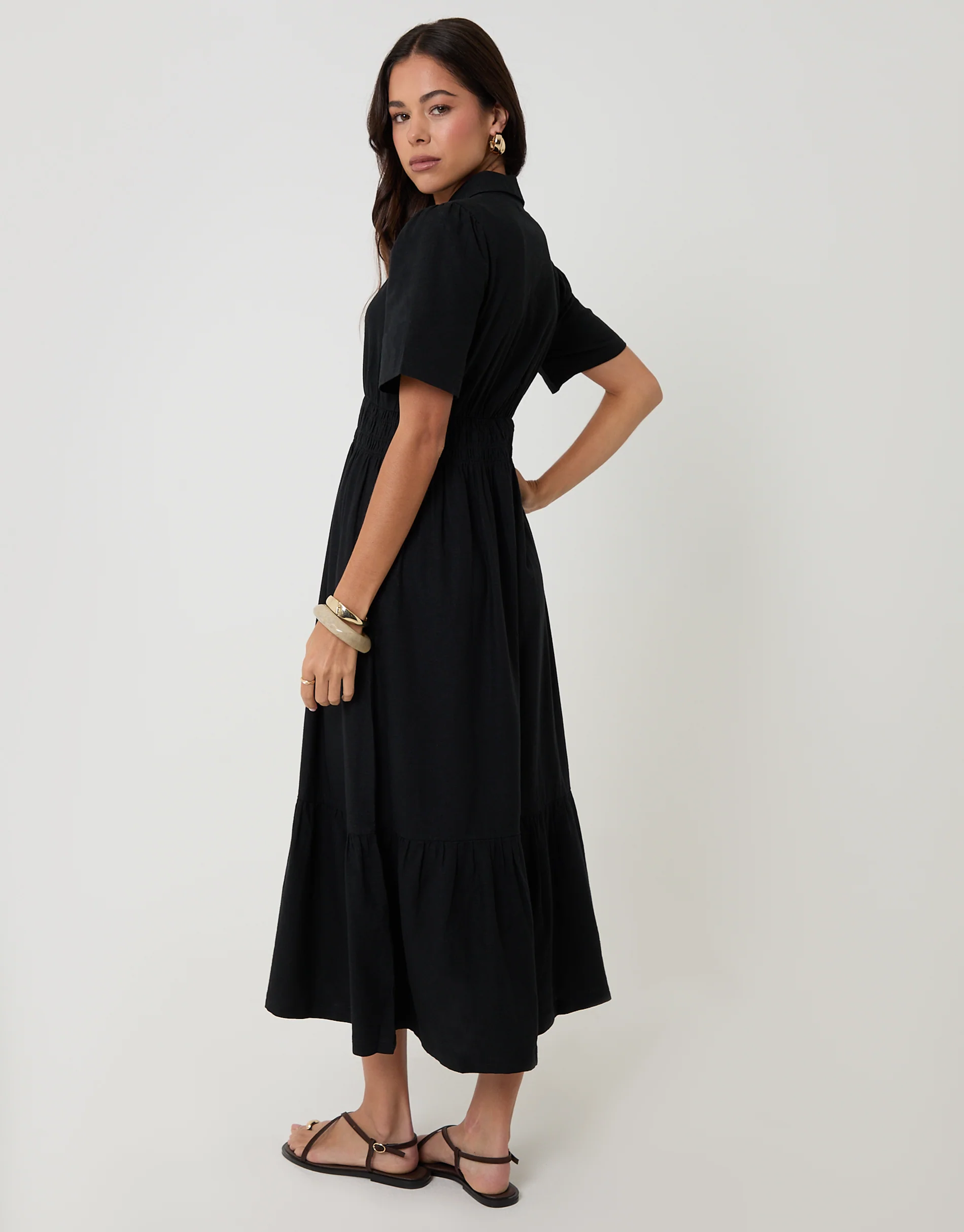 Tiered Linen Blend V Neck Maxi Dress in Black - Image 3