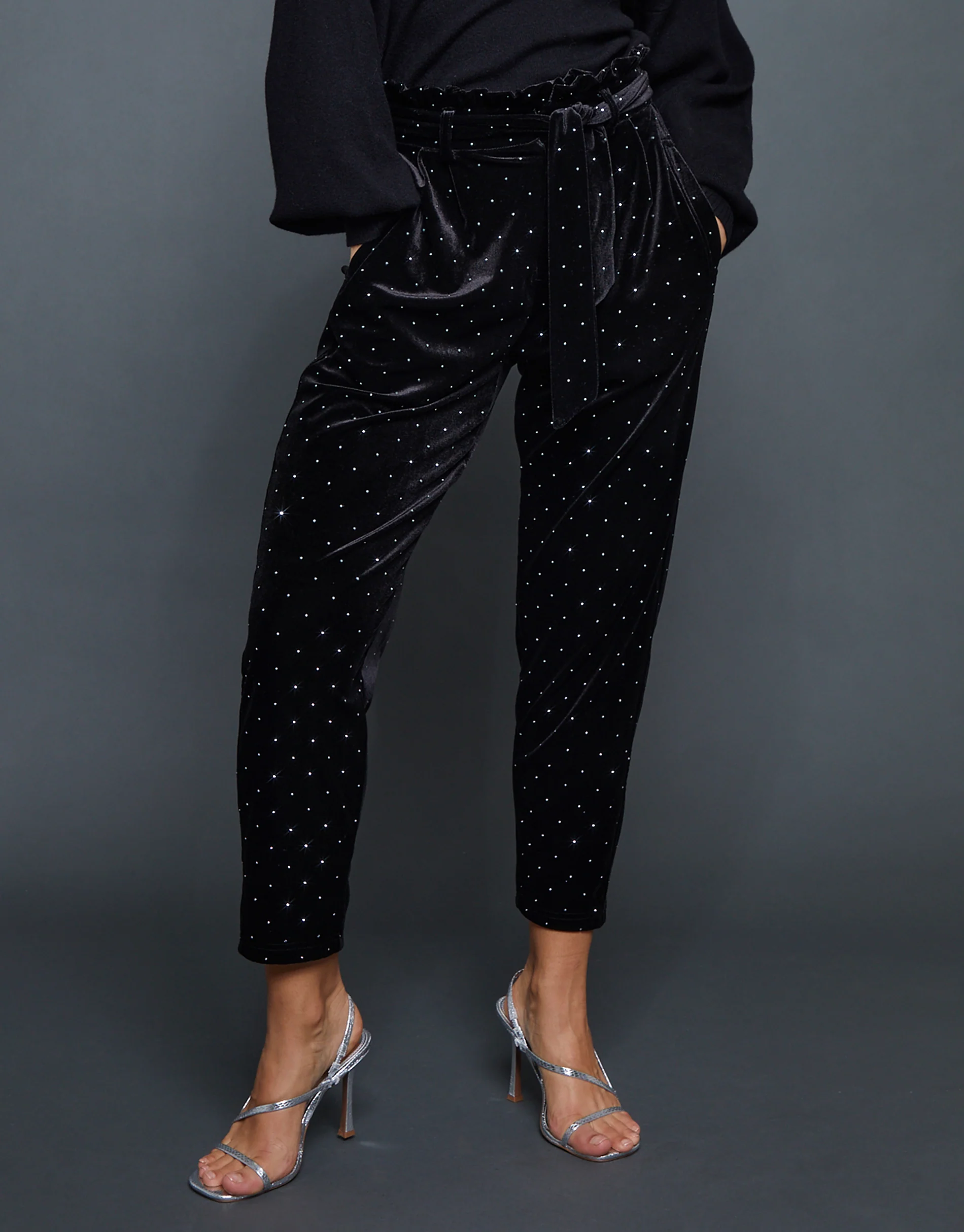 Velvet Hotfix Paperbag Waist Trousers in Black - Image 3