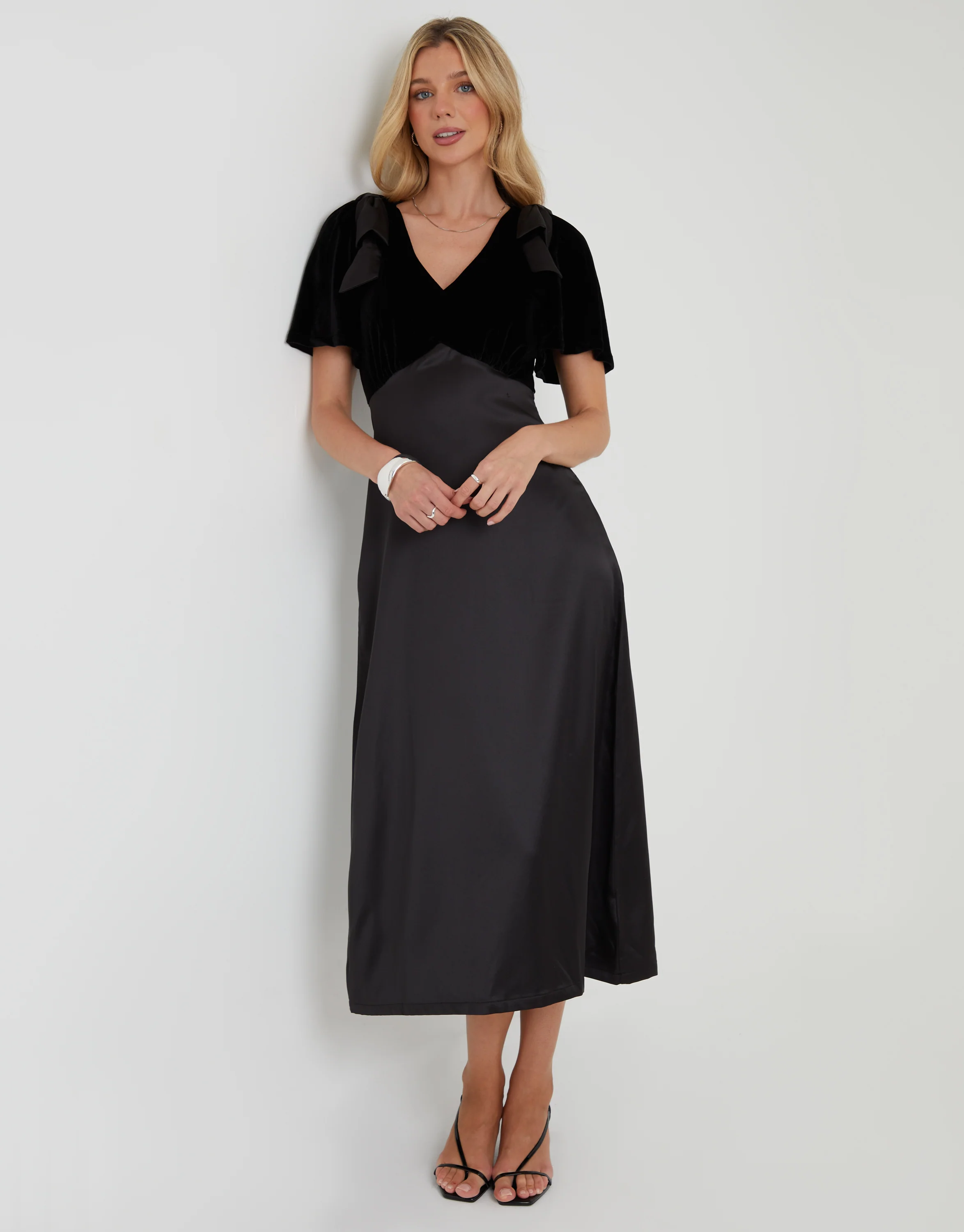 Velvet Satin Mix Flutter Sleeve Midi Dress in Black - Image 3