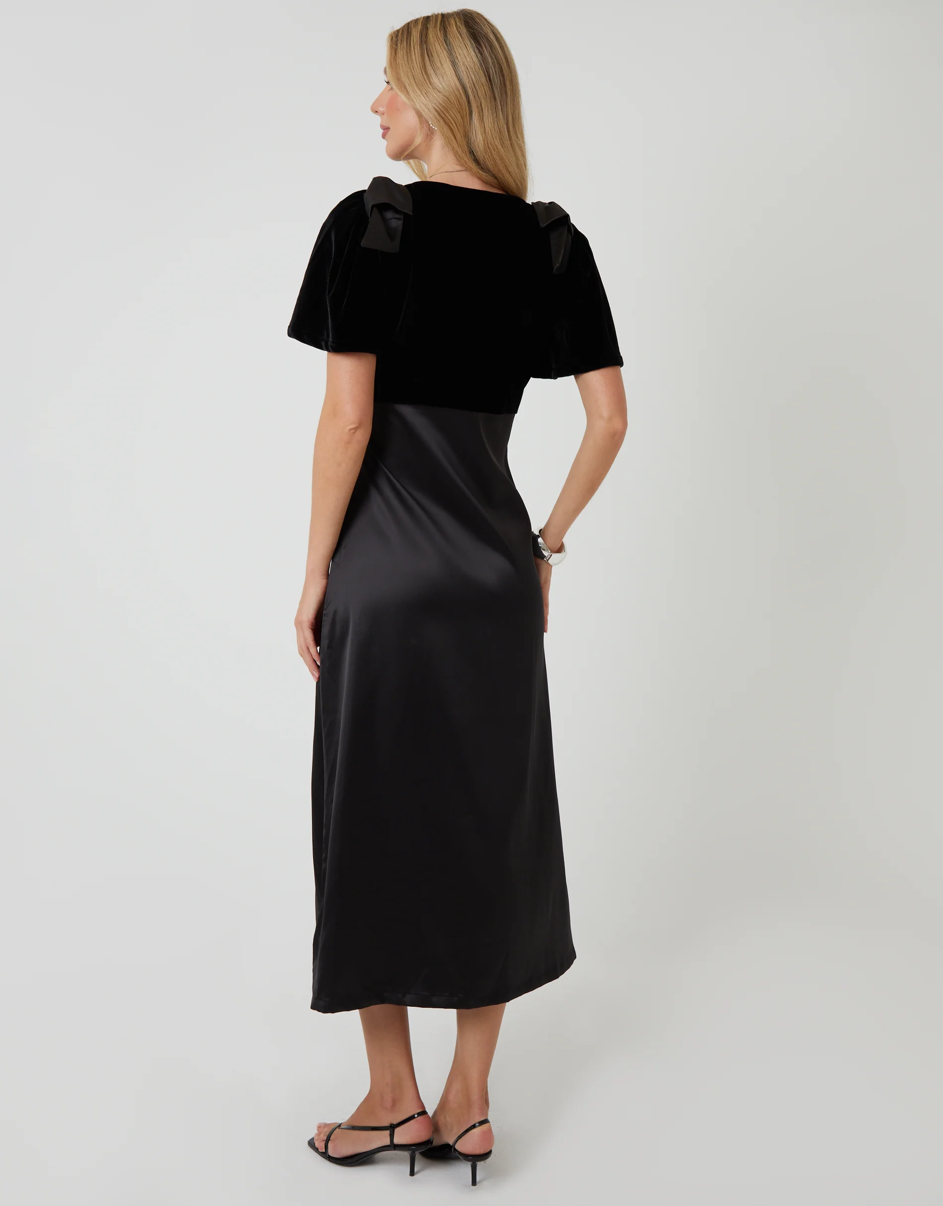 Velvet Satin Mix Flutter Sleeve Midi Dress in Black - Image 4