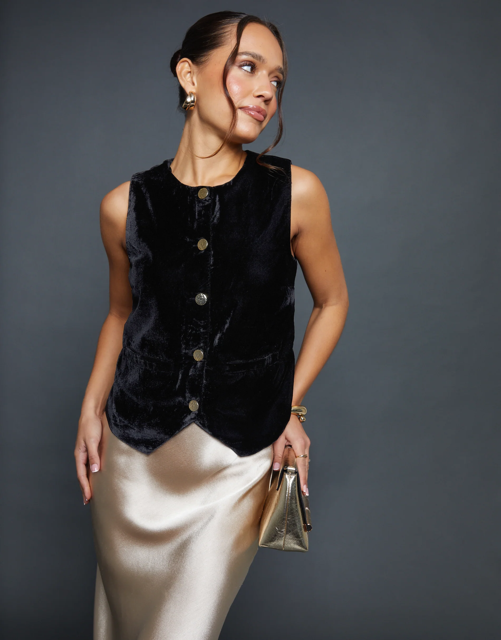 Velvet Split Front Waistcoat in Black
