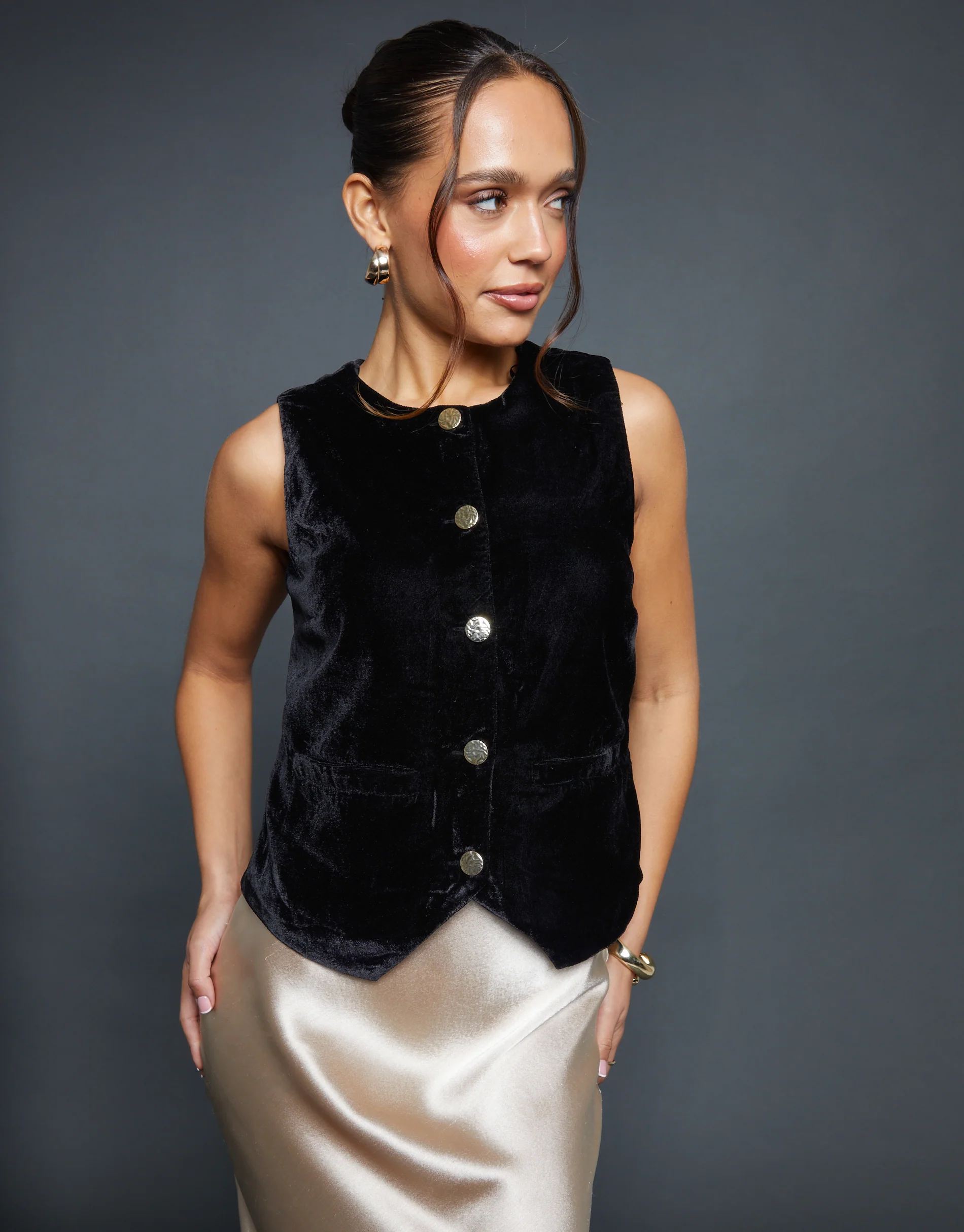 Velvet Split Front Waistcoat in Black - Image 3