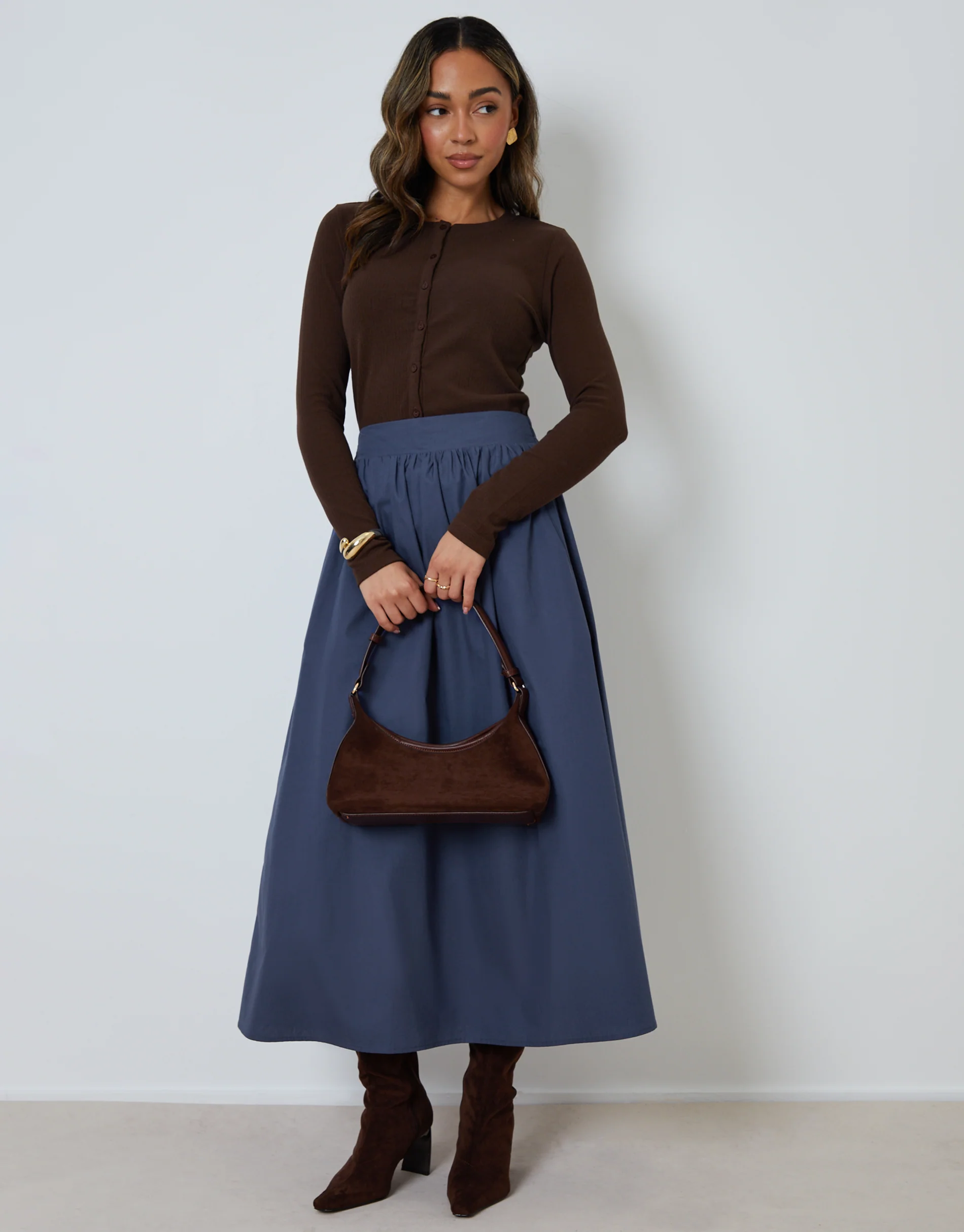 Cotton Poplin Skirt with Pockets in Blue