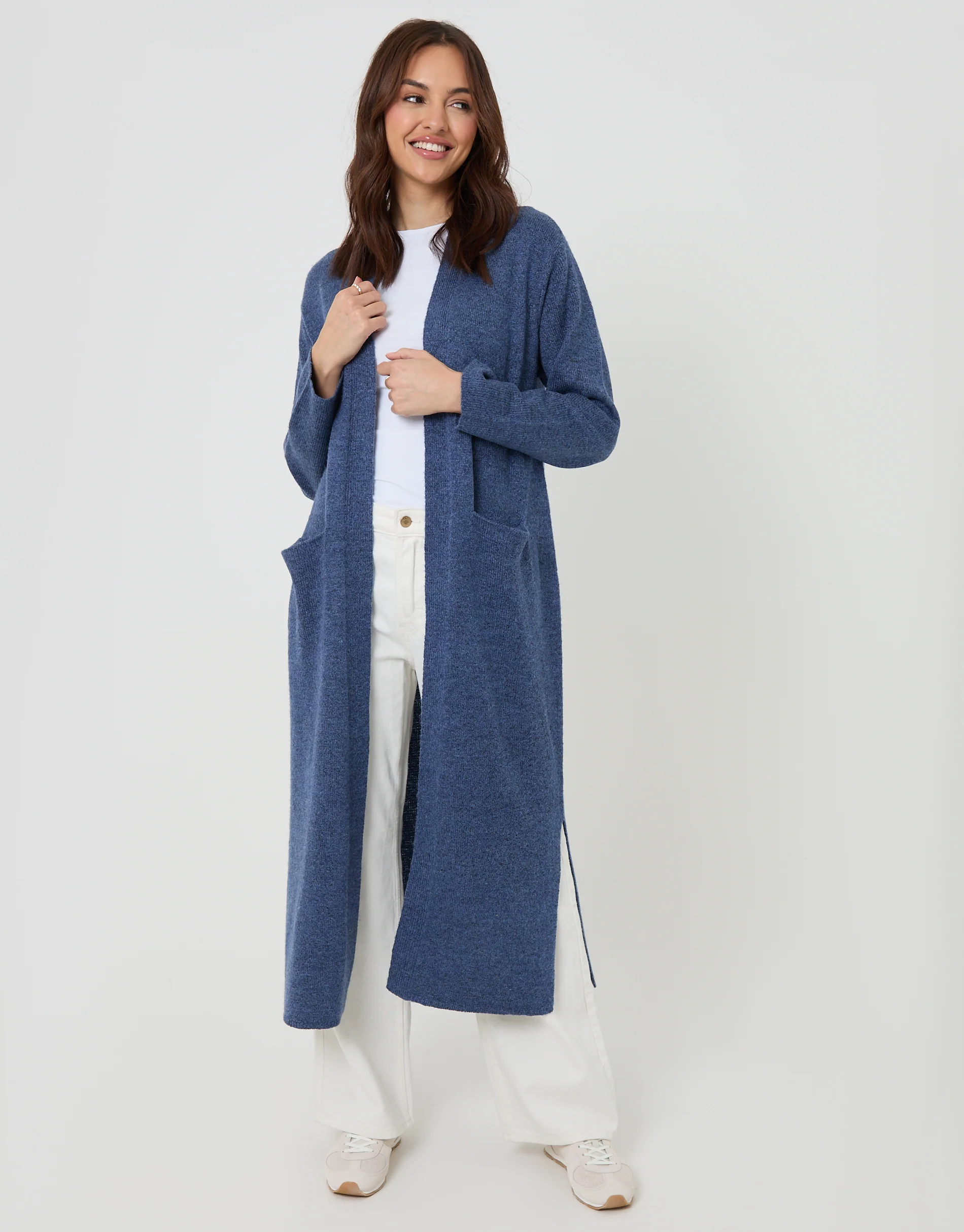 Dropped Shoulder Knitted Coatigan in Blue - Image 3