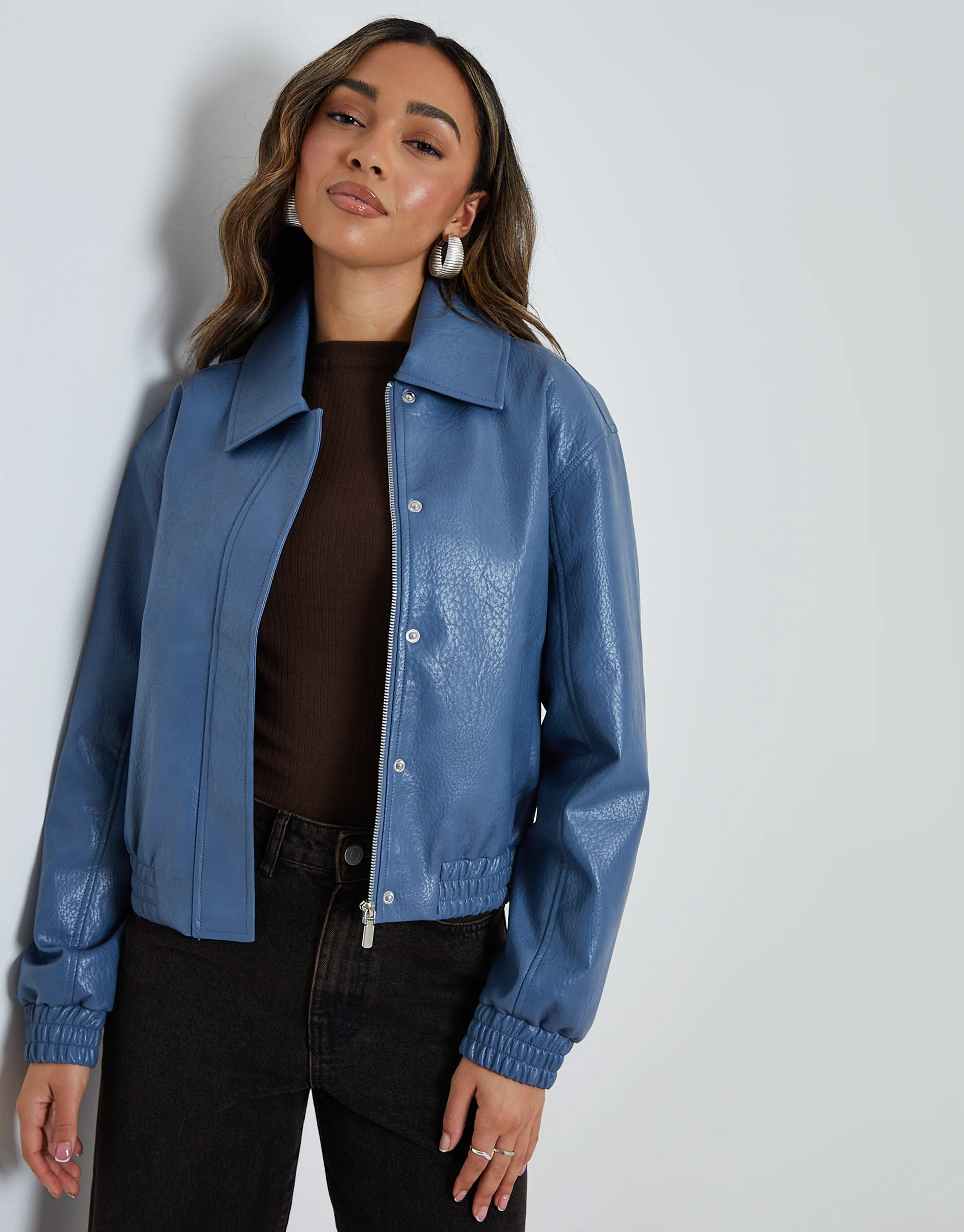 Faux Leather Bomber Jacket with Collar in Blue