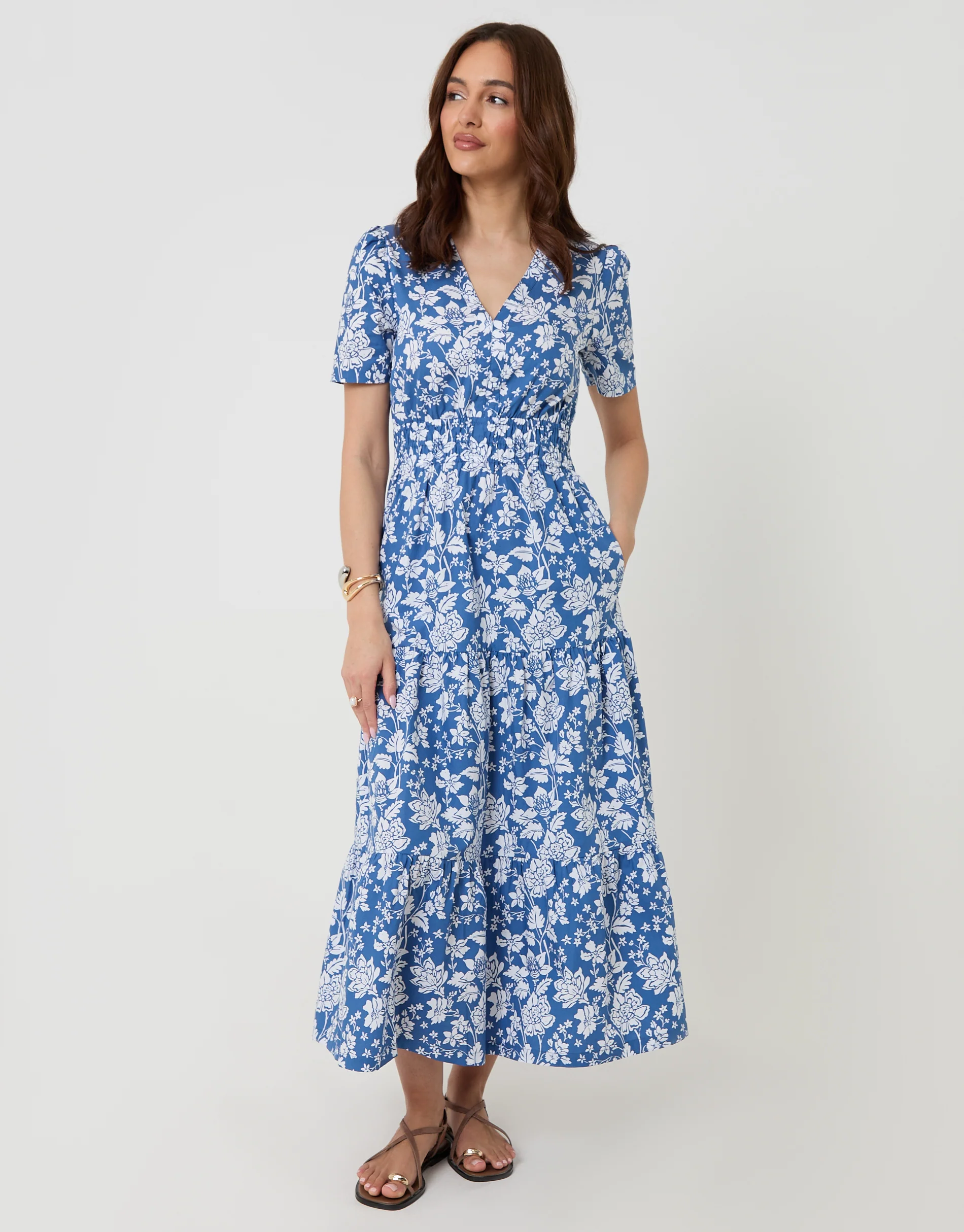 Cotton Poplin Tiered Midaxi Dress in Blue Floral
