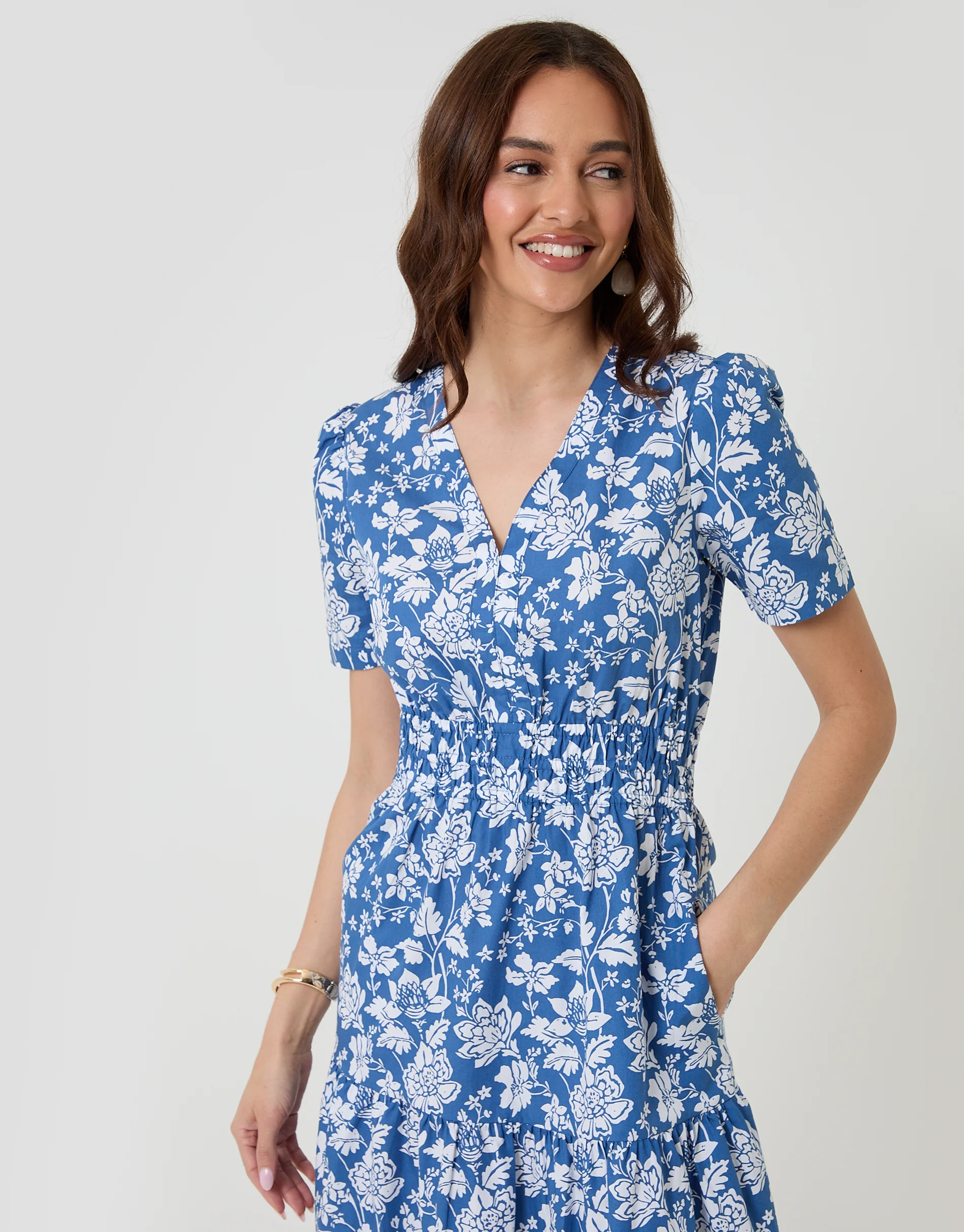 Cotton Poplin Tiered Midaxi Dress in Blue Floral - Image 3