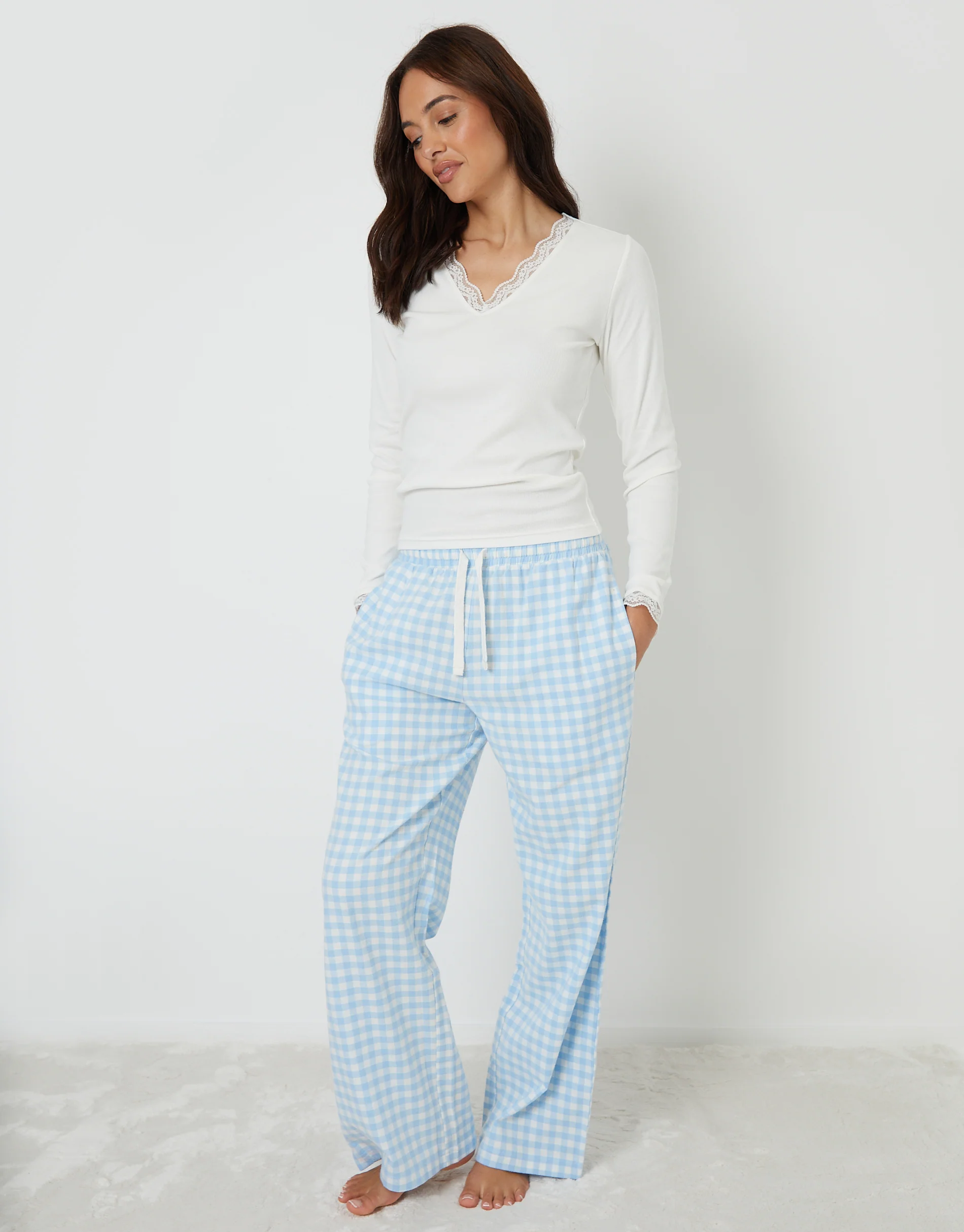 Long Sleeve V-Neck Pyjama Set in Blue Check - Image 3