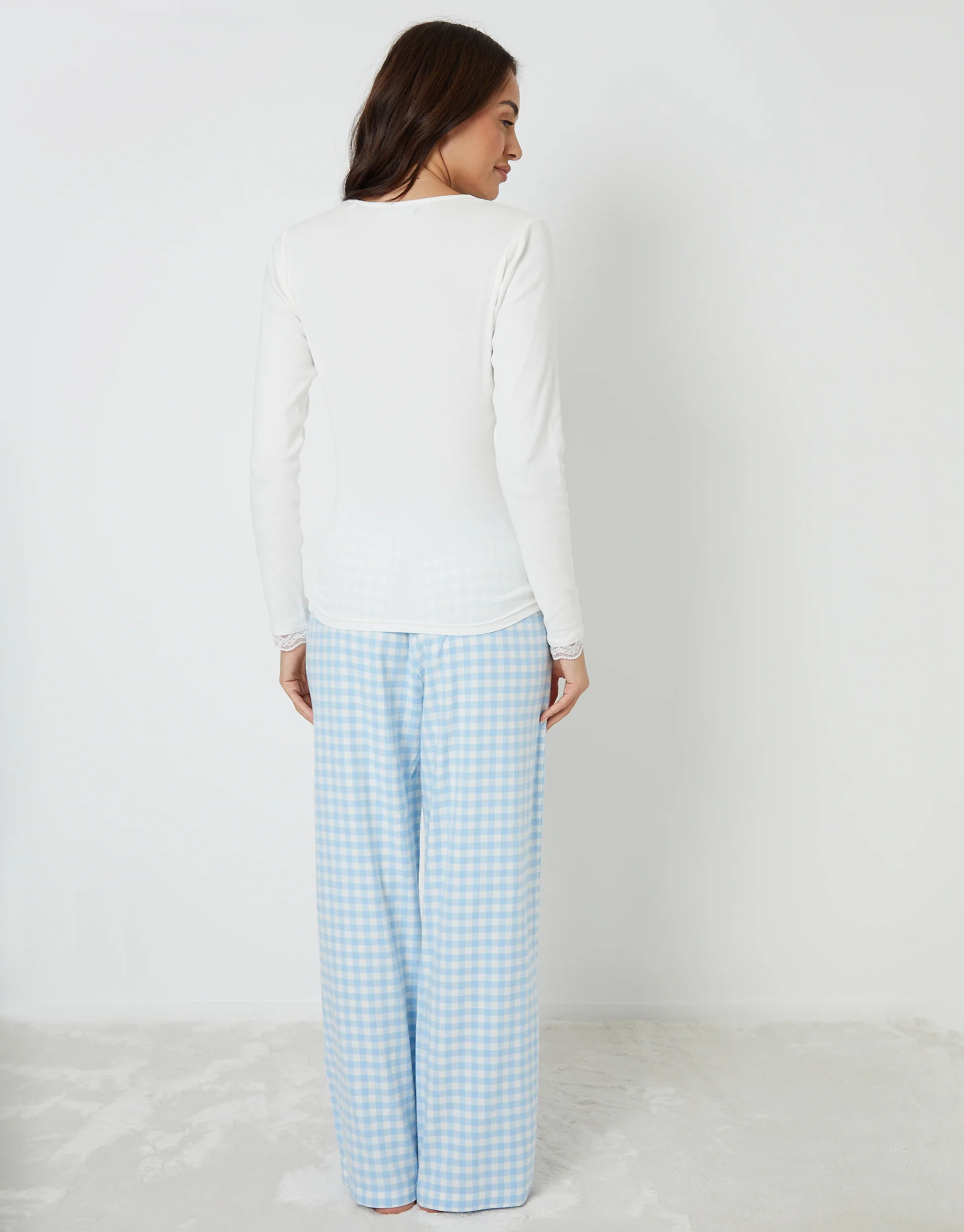 Long Sleeve V-Neck Pyjama Set in Blue Check - Image 4