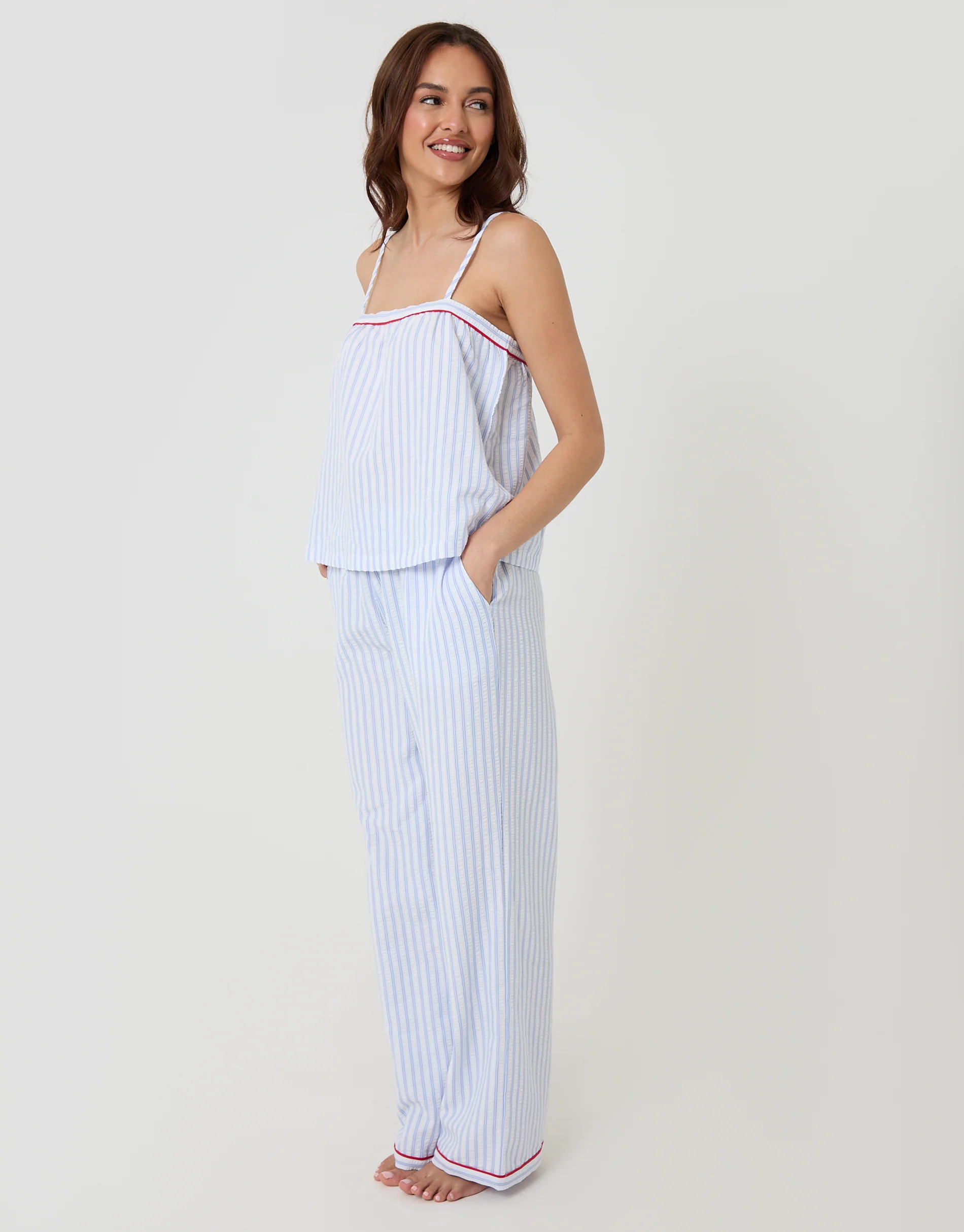 Petite A-Line Cami Seersucker Pyjama Set in Blue Stripe - Image 4