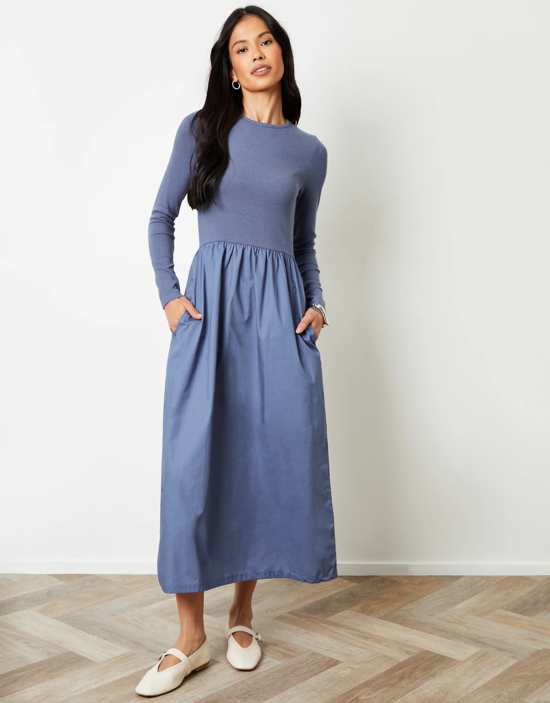 Rib Jersey 2-in-1 Midi Dress with Poplin Skirt in Blue
