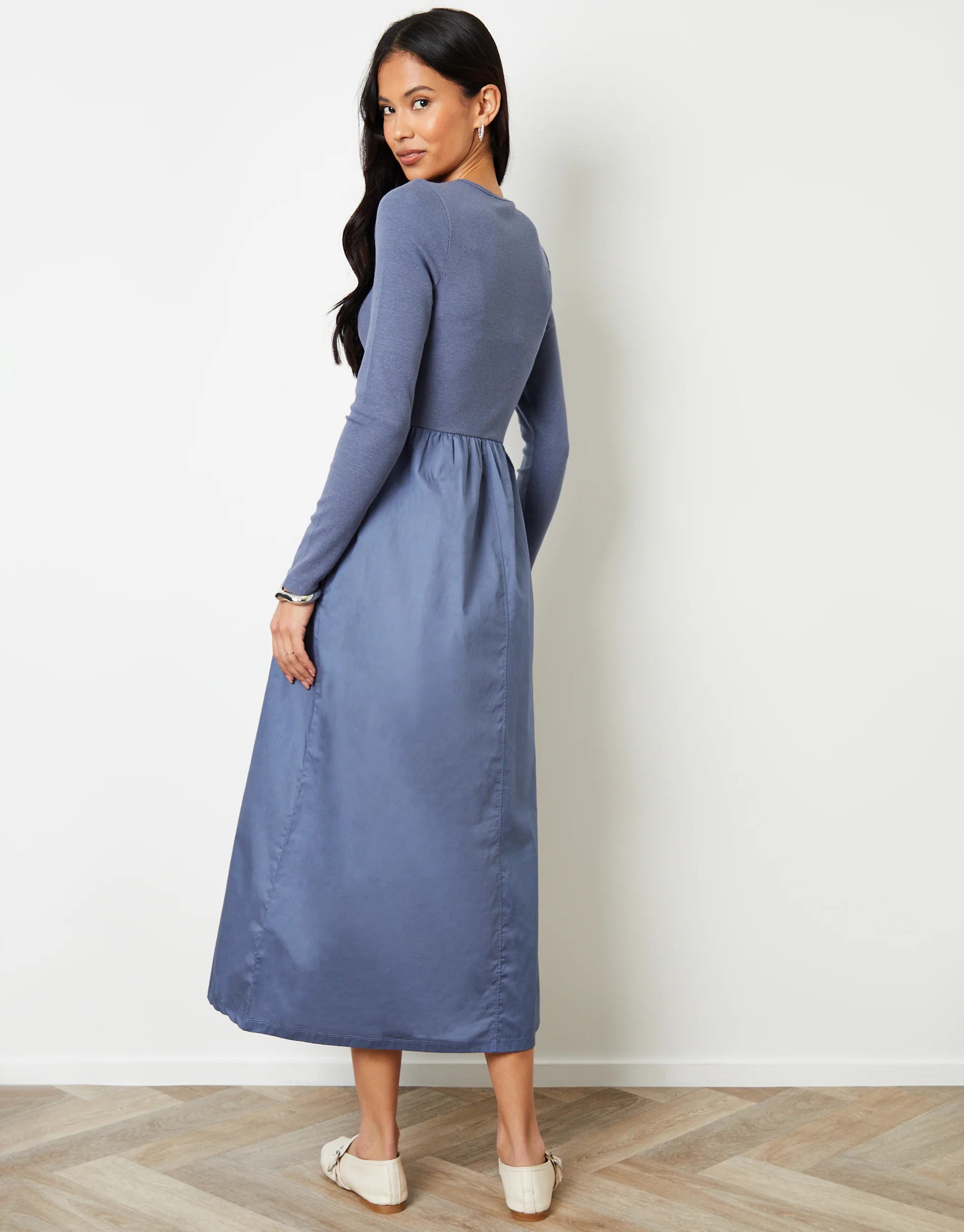Rib Jersey 2-in-1 Midi Dress with Poplin Skirt in Blue - Image 2