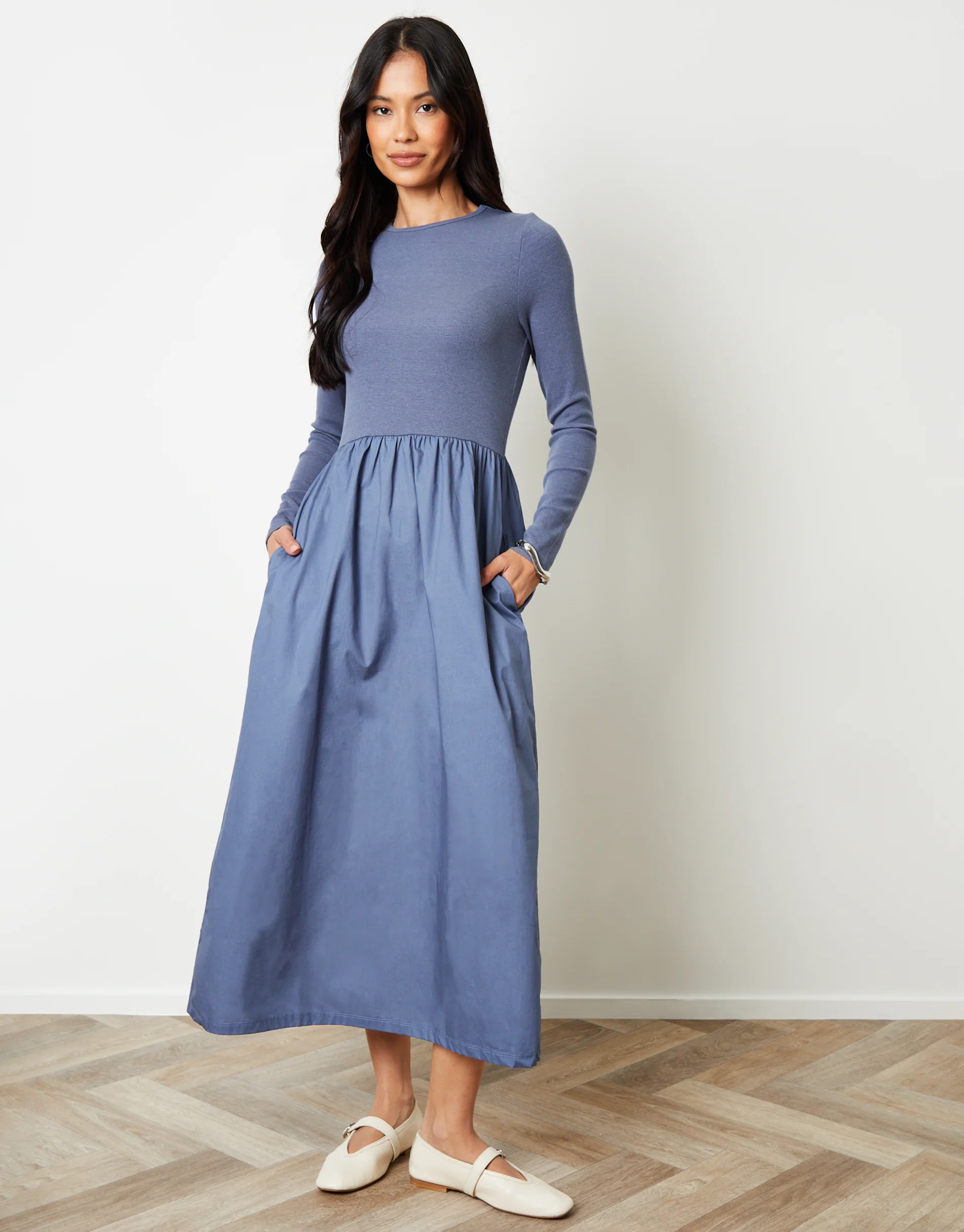 Rib Jersey 2-in-1 Midi Dress with Poplin Skirt in Blue - Image 4