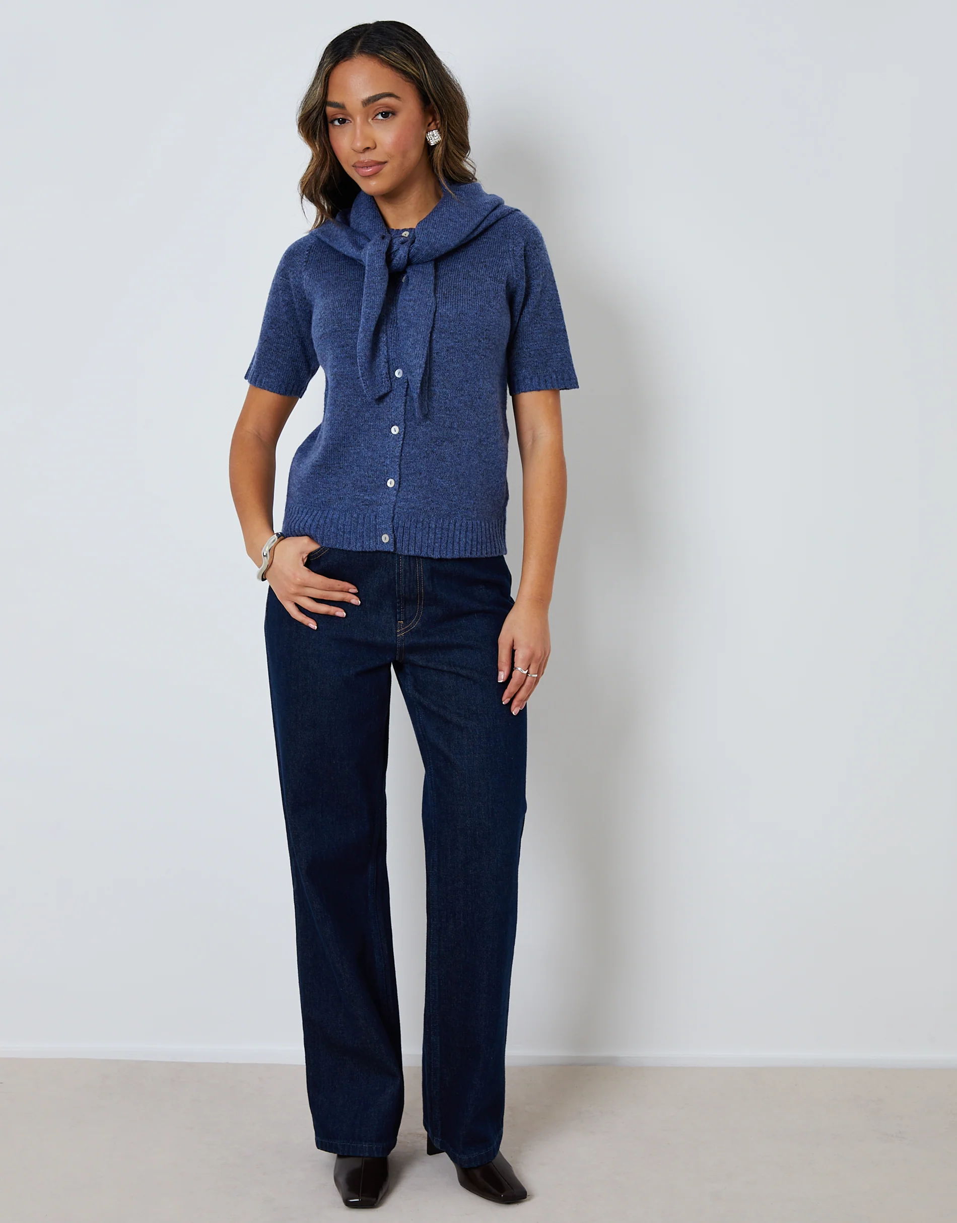 Scarf Neck Short Sleeve Cardigan Set in Blue - Image 3