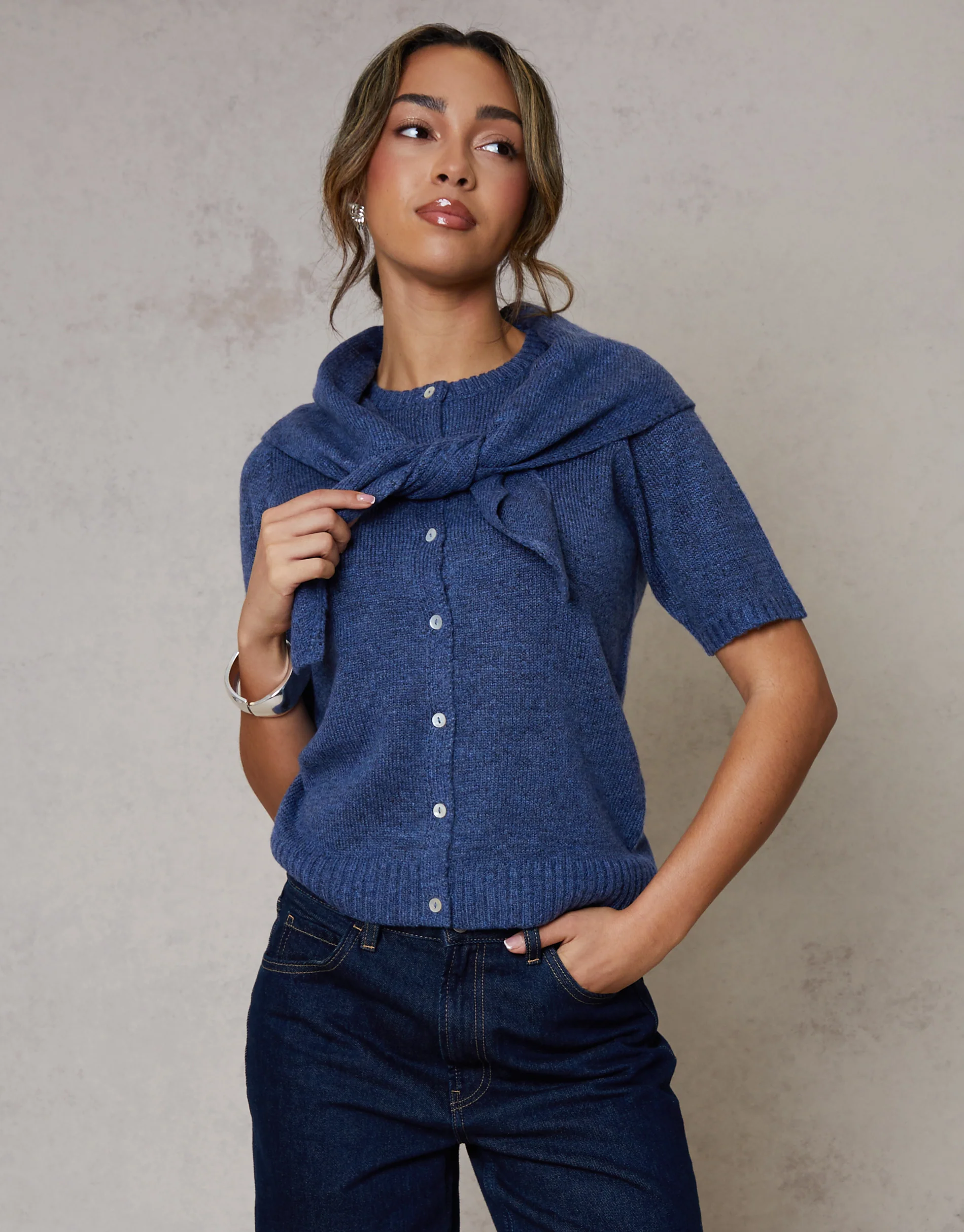 Scarf Neck Short Sleeve Cardigan Set in Blue - Image 4