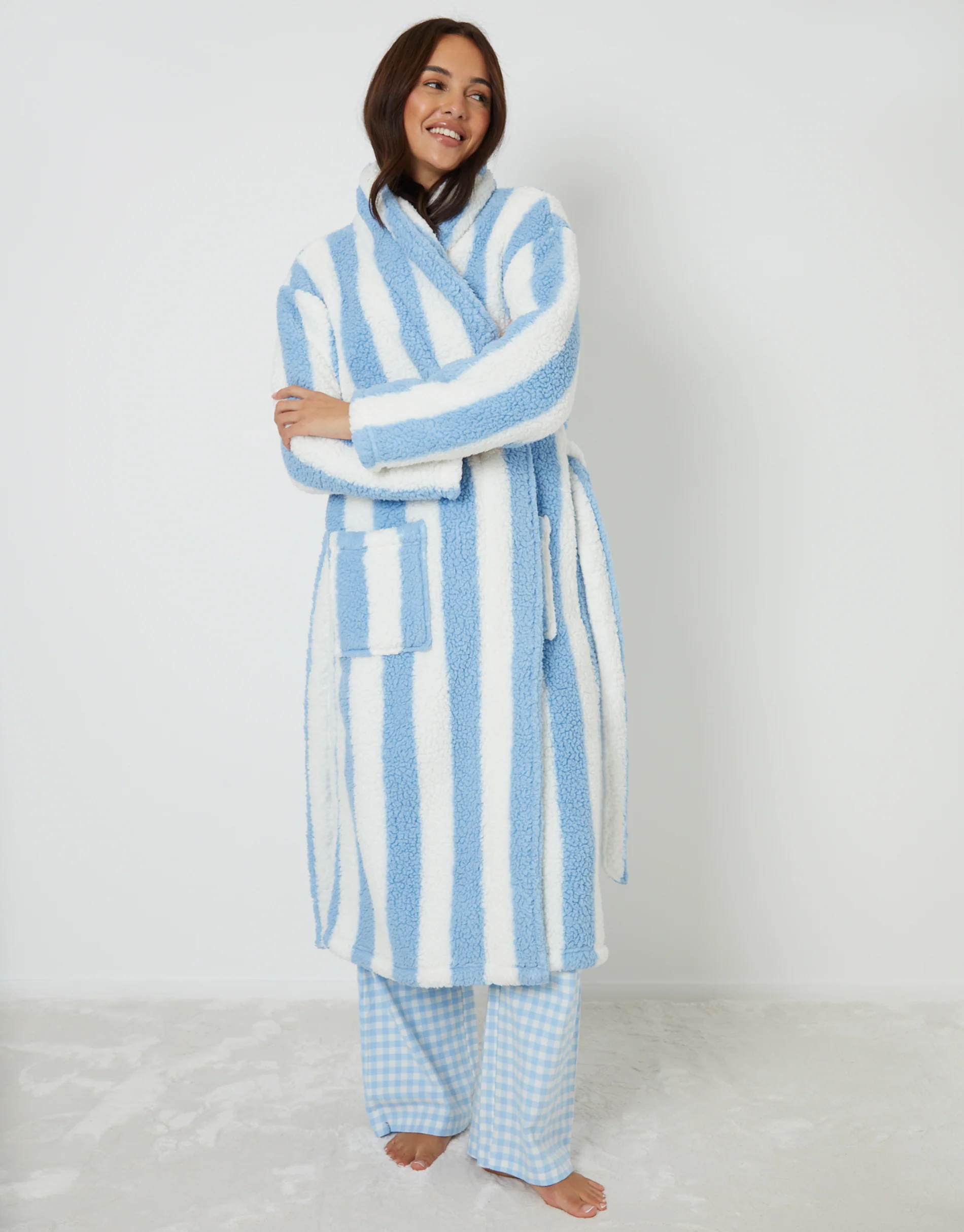 Stripe Borg Dressing Gown in Blue - Image 4