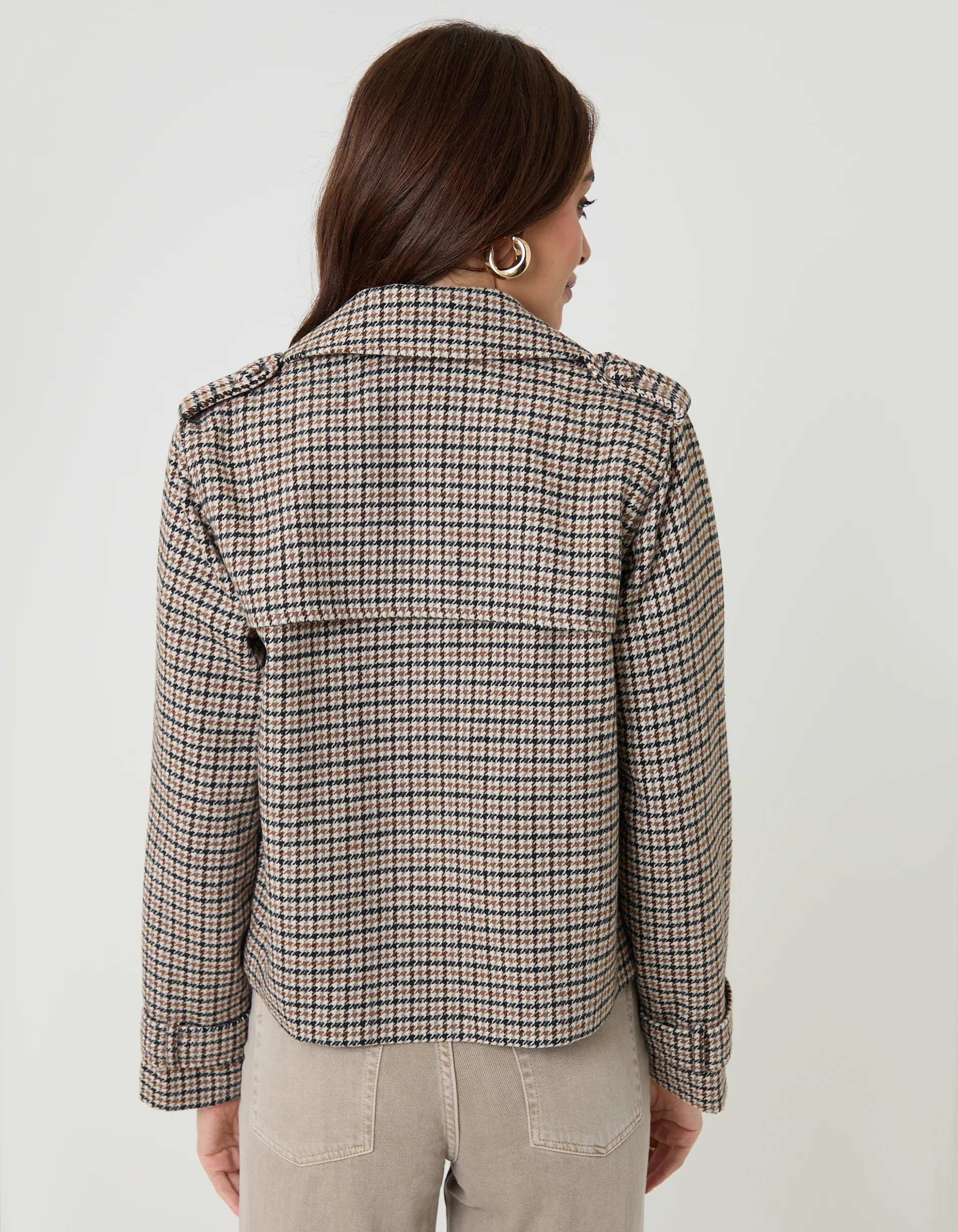 Faux Wool Cropped Jacket in Brown Check - Image 2
