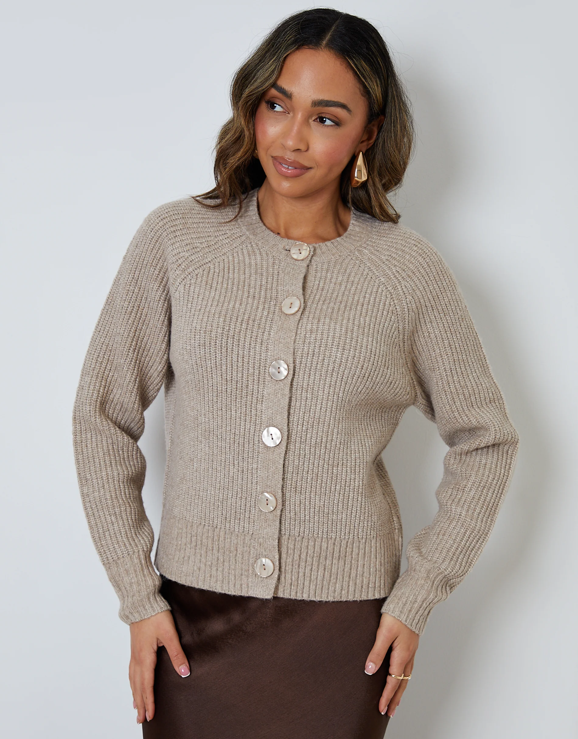Chunky Knit Button Up Cardigan in Beige - Image 5