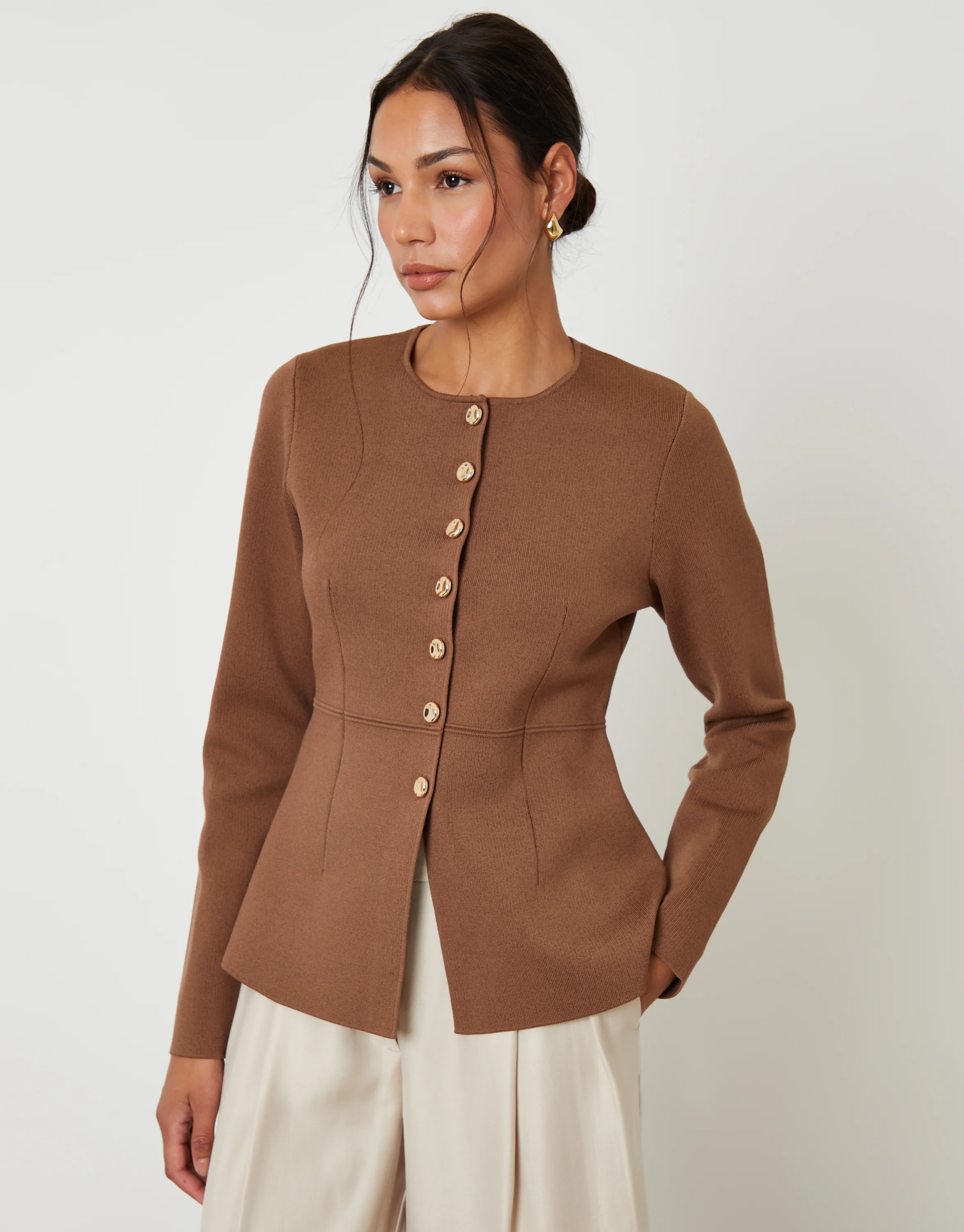 Cinched Knitted Button Up Cardigan in Brown