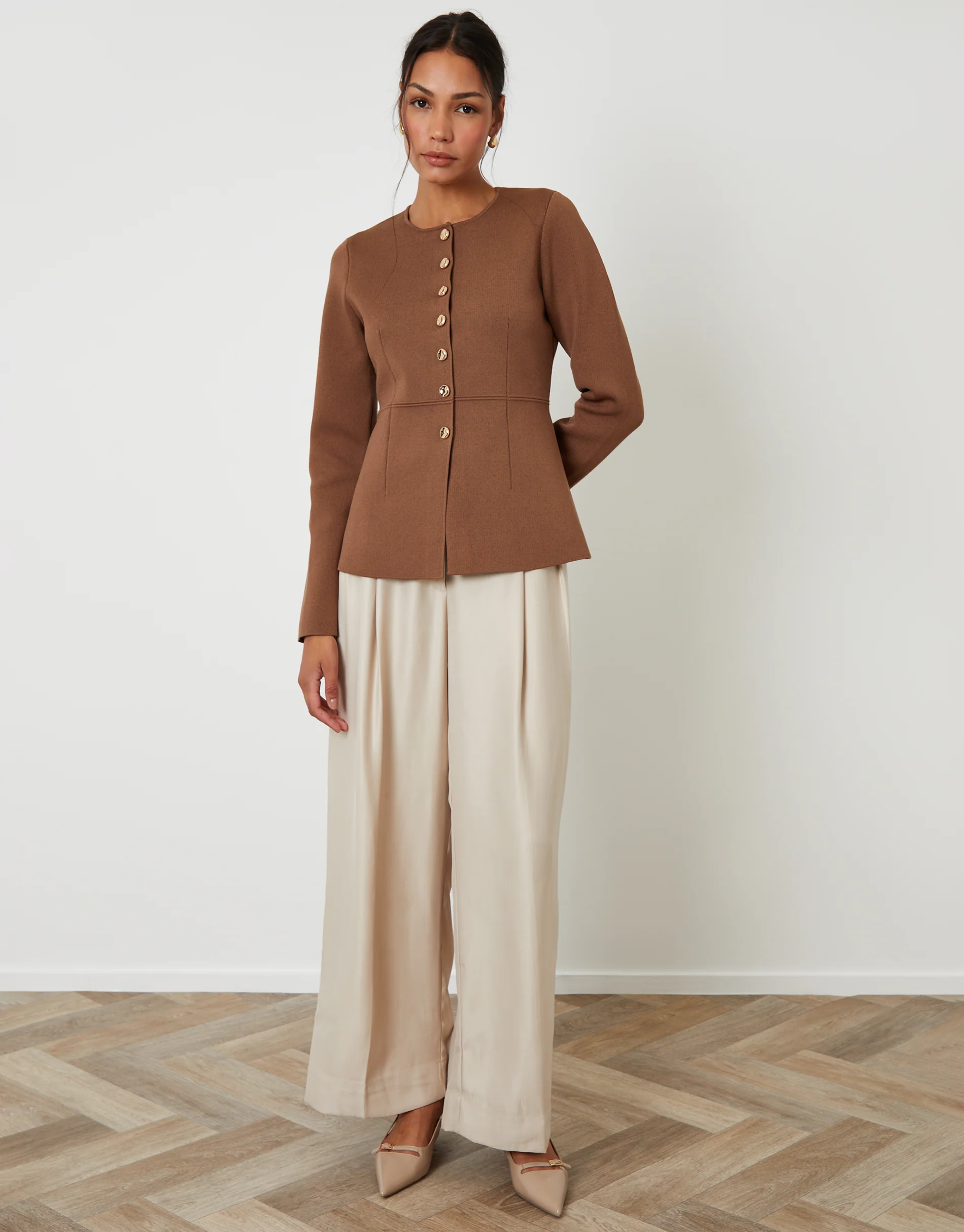 Cinched Knitted Button Up Cardigan in Brown - Image 3