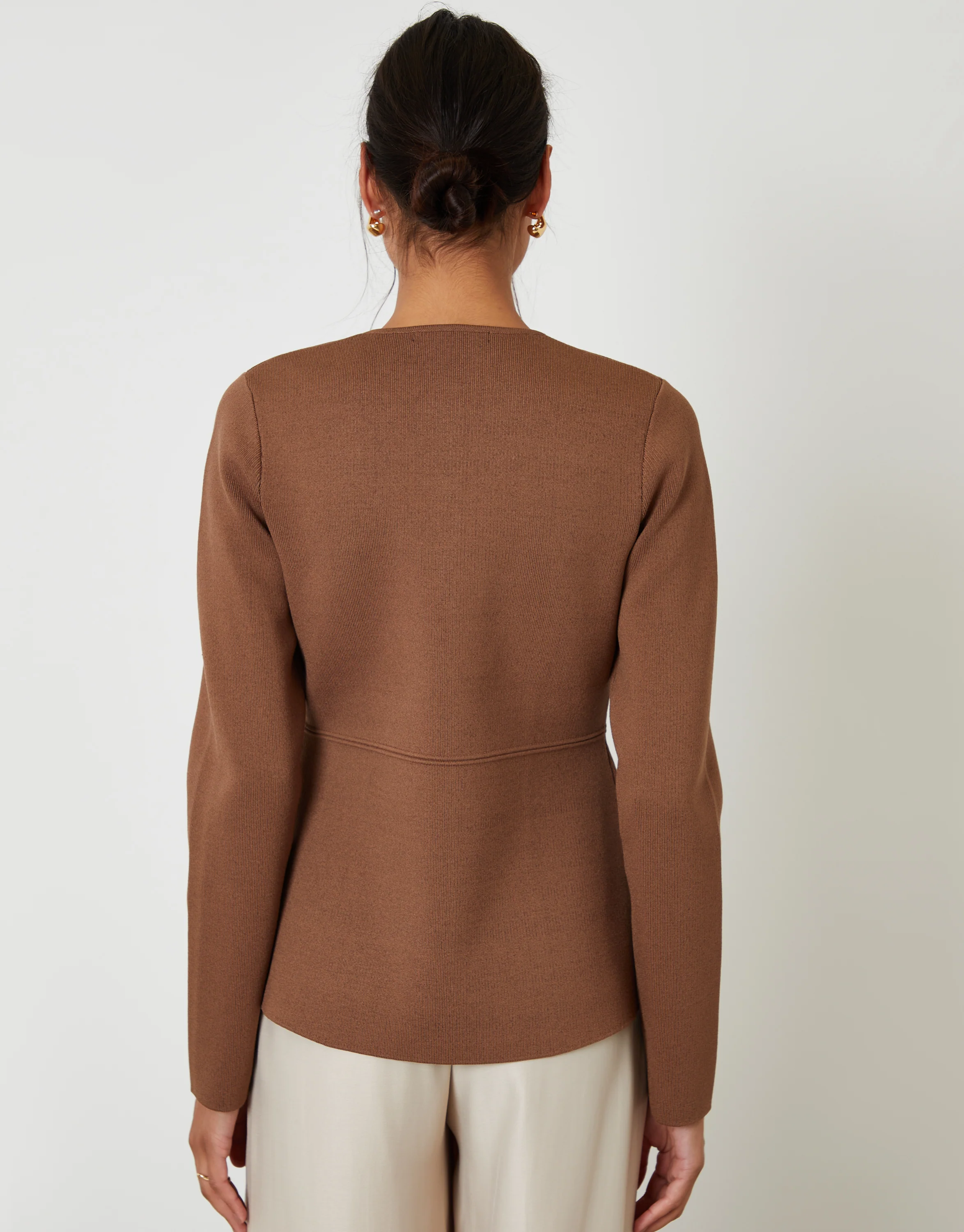 Cinched Knitted Button Up Cardigan in Brown - Image 5