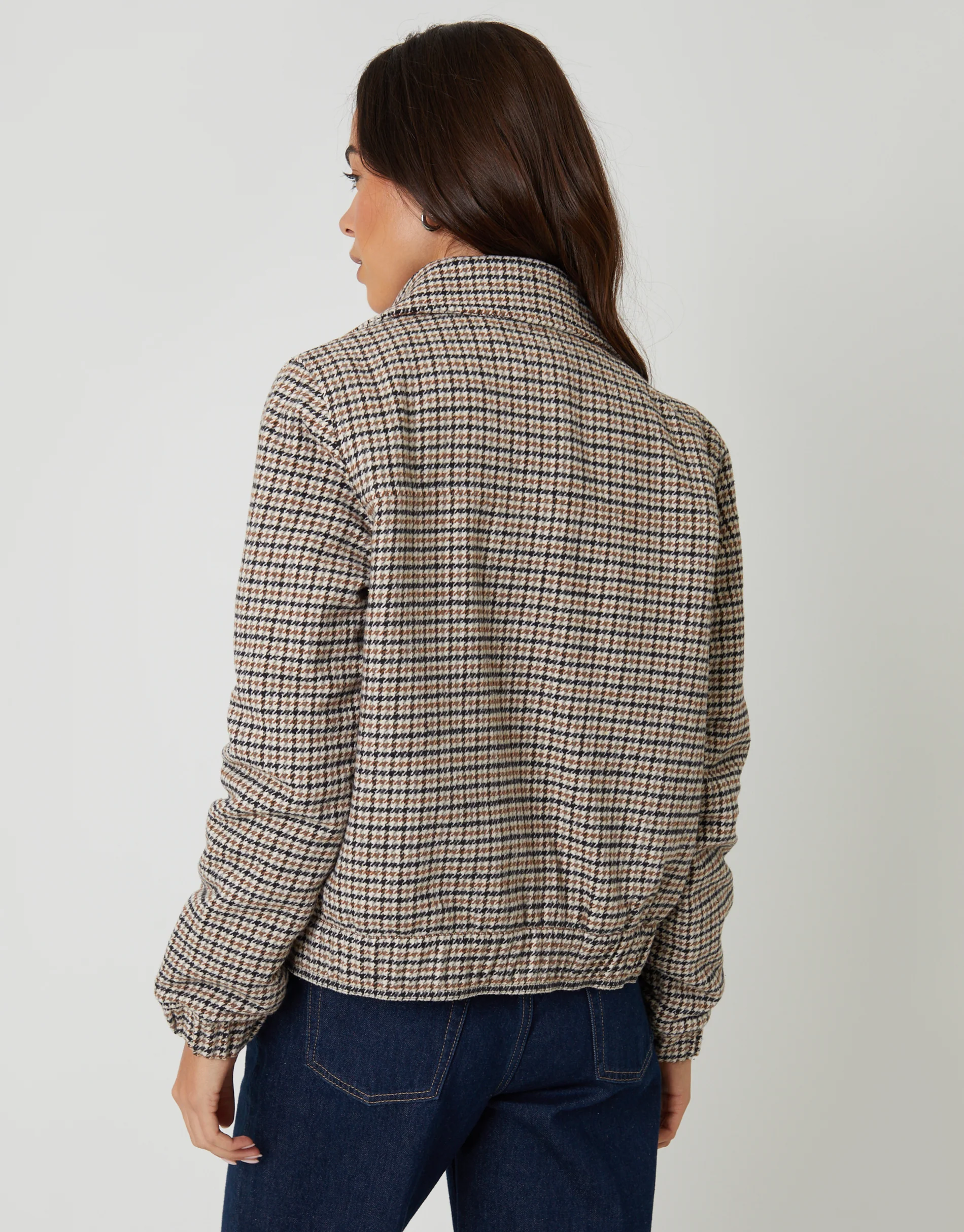 Houndstooth Check Faux Wool Jacket in Brown - Image 3